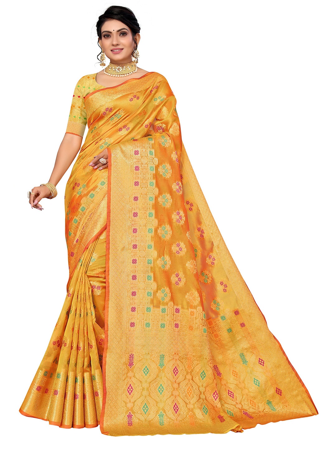 

Nimayaa Women Yellow & Green Floral Zari Organza Saree