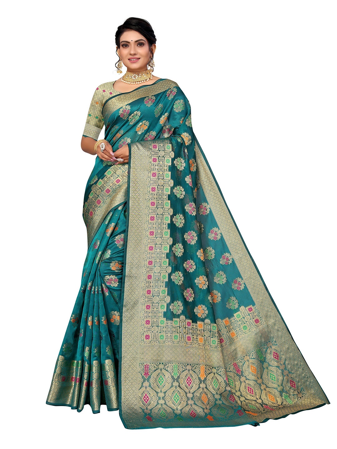 

Nimayaa Women Teal & Gold-Toned Floral Zari Organza Saree