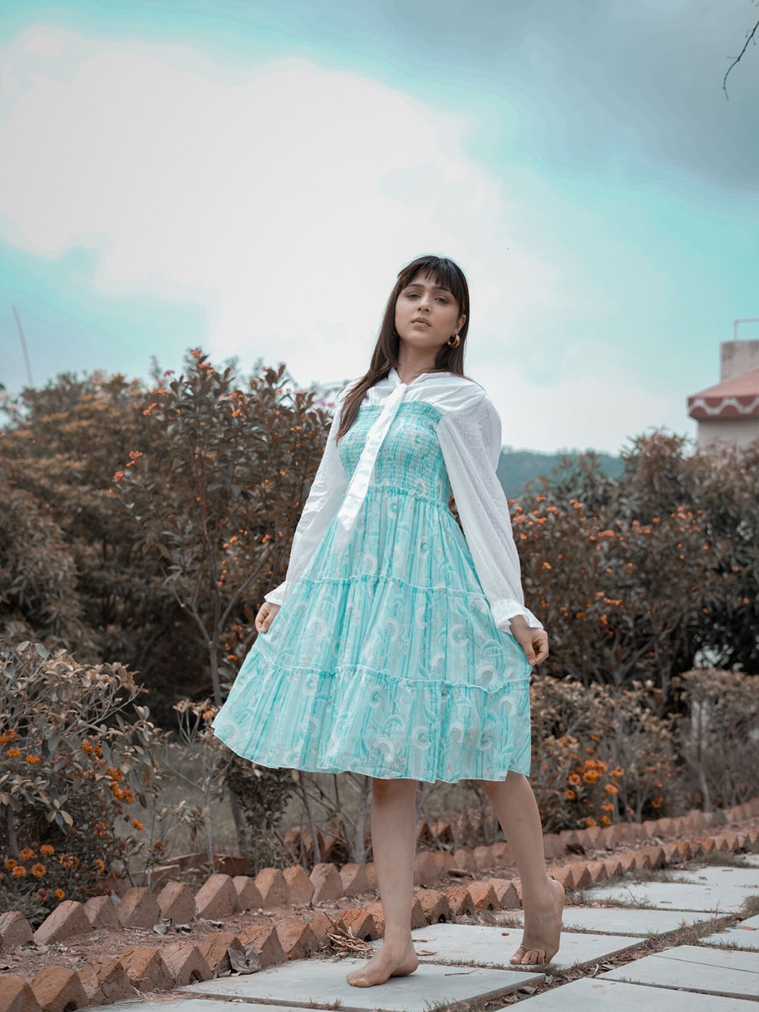 

FASHION DWAR Women Blue Self Design Cotton Tie-Up Neck Dress