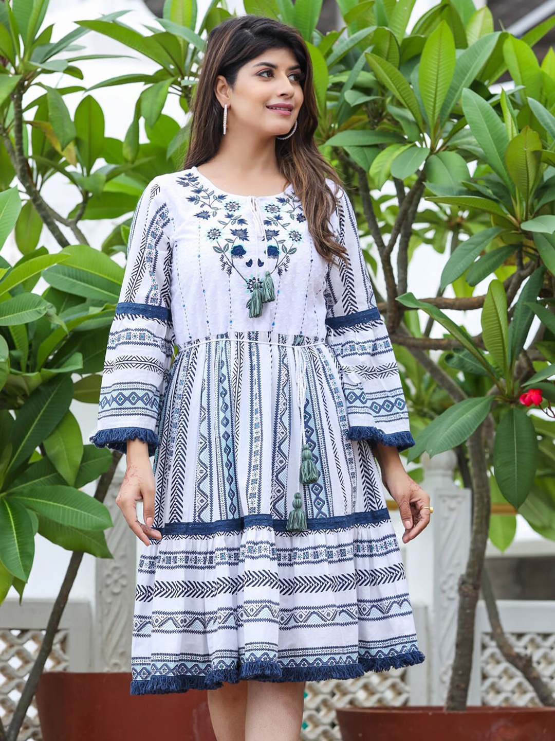 

FASHION DWAR Women Blue & White Floral Embroidered Cotton Tie-Up Neck A-Line Dress