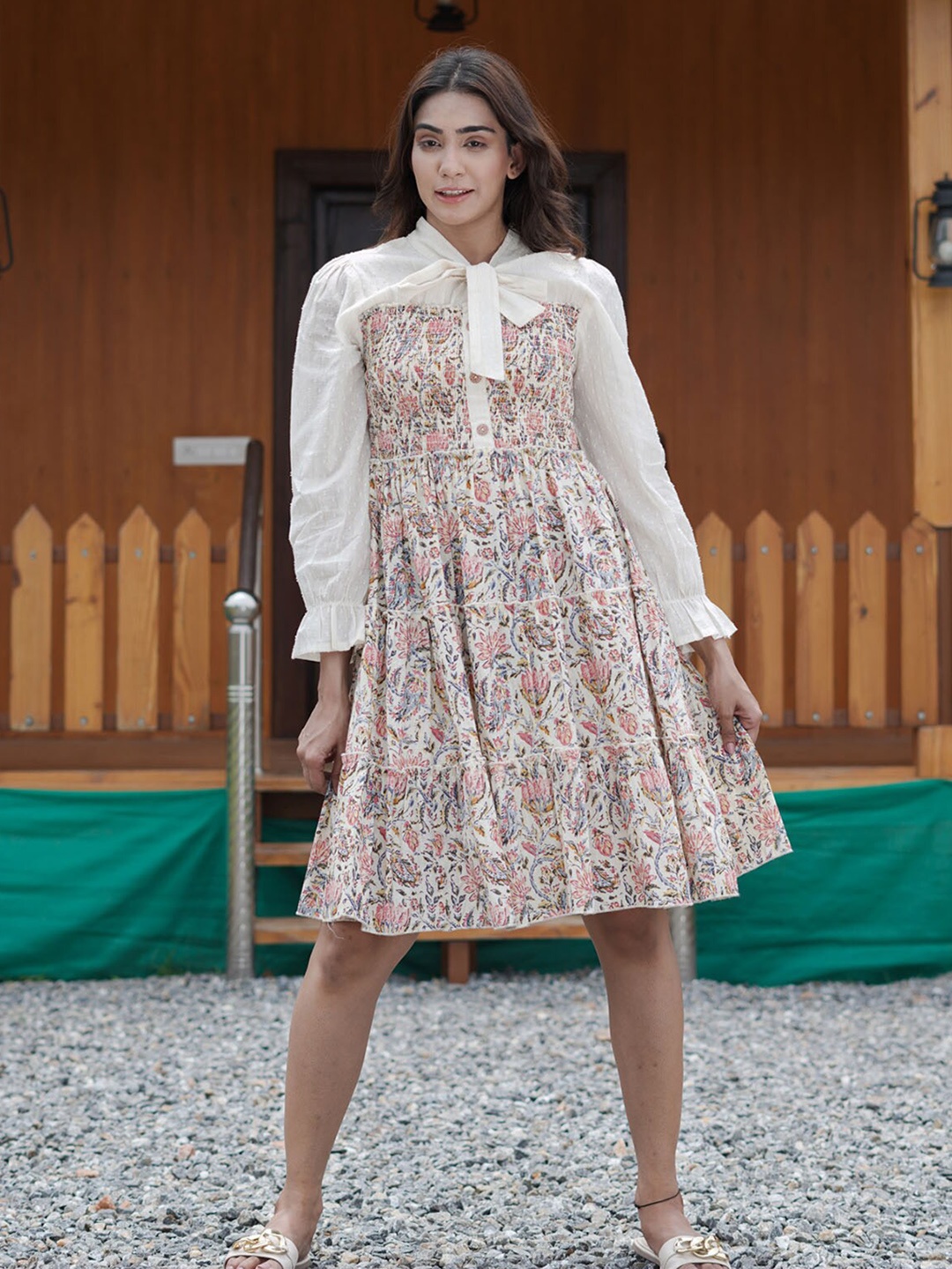 

FASHION DWAR Women Cream & Pink Floral Cotton Tie-Up Neck Dress