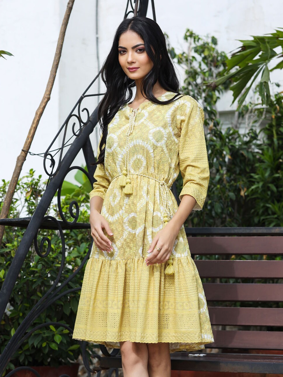 

FASHION DWAR Women Green Self Design Cotton Tie-Up Neck A-Line Dress