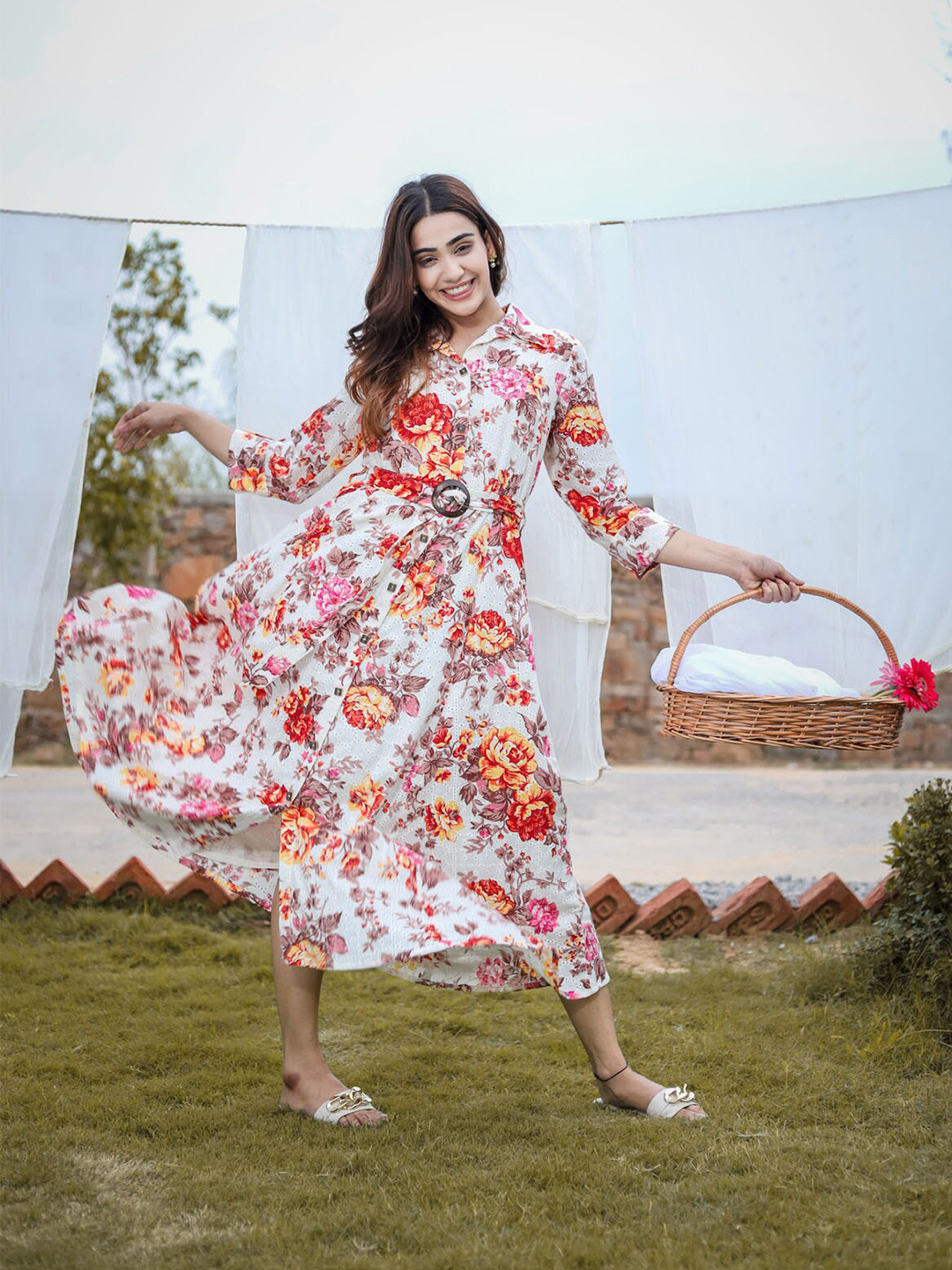 

FASHION DWAR Women White & Pink Floral Cotton Shirt Dress