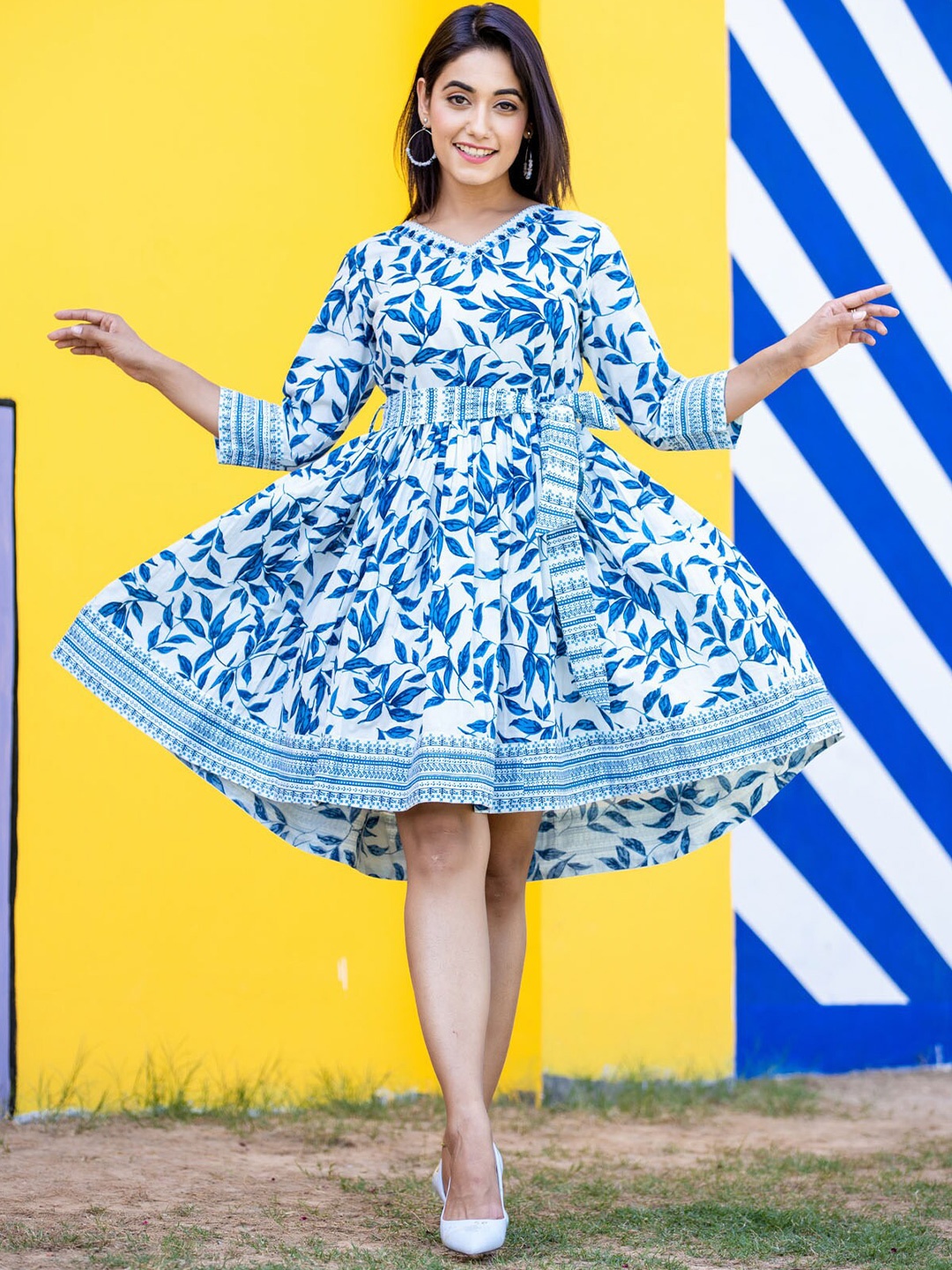 

FASHION DWAR Women Blue Tropical Cotton A-Line Dress