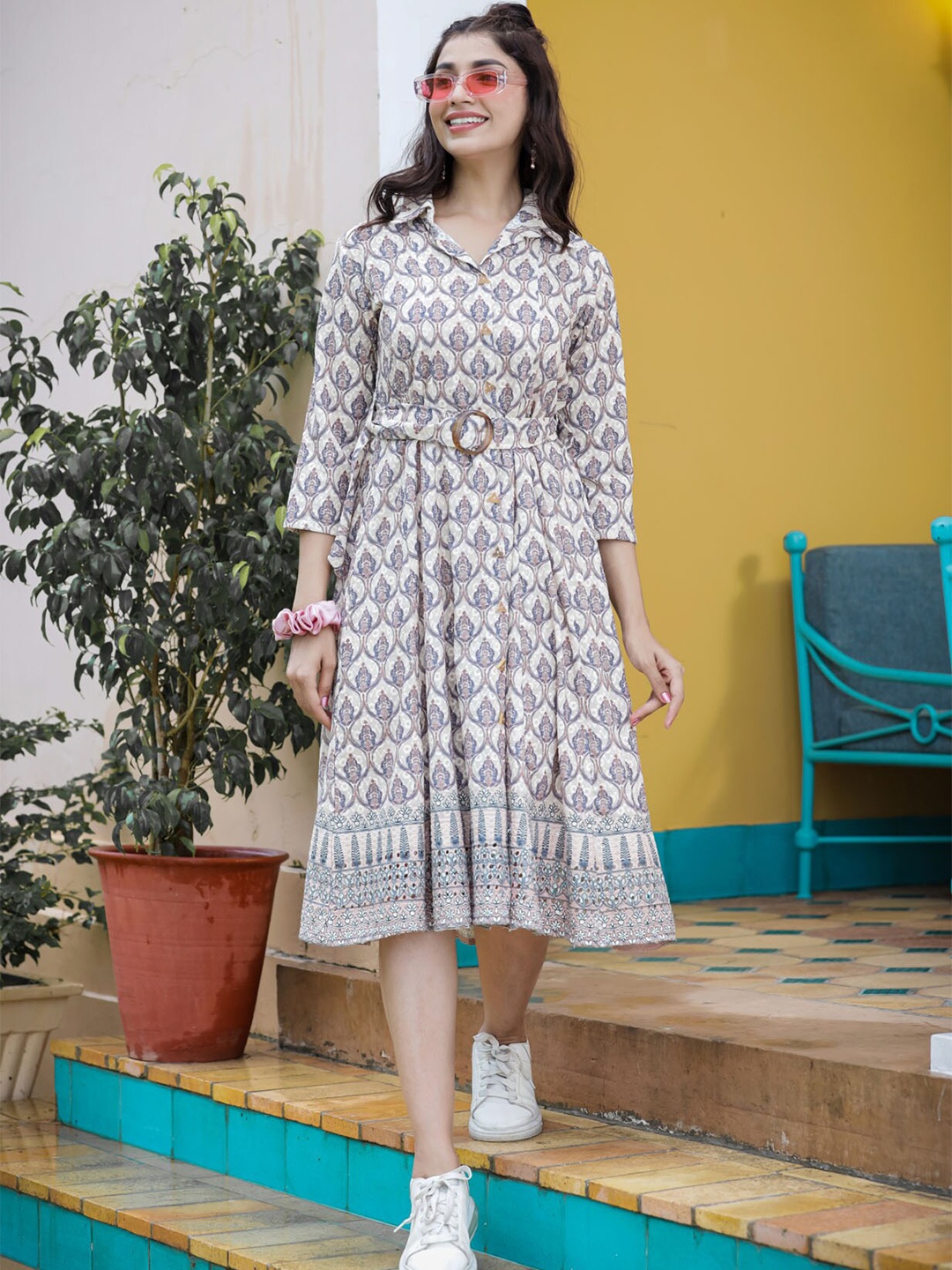 

FASHION DWAR Women White& Grey Ethnic Motifs Cotton Shirt Dress