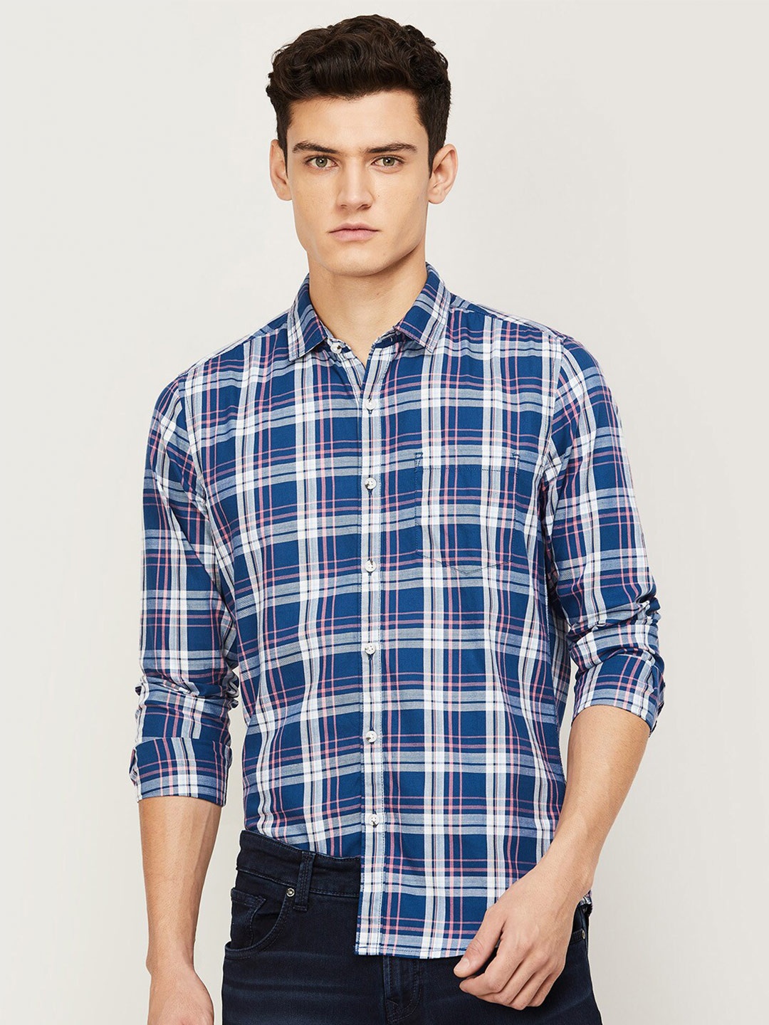 

Fame Forever by Lifestyle Men Navy Blue Slim Fit Tartan Checks Checked Casual Shirt