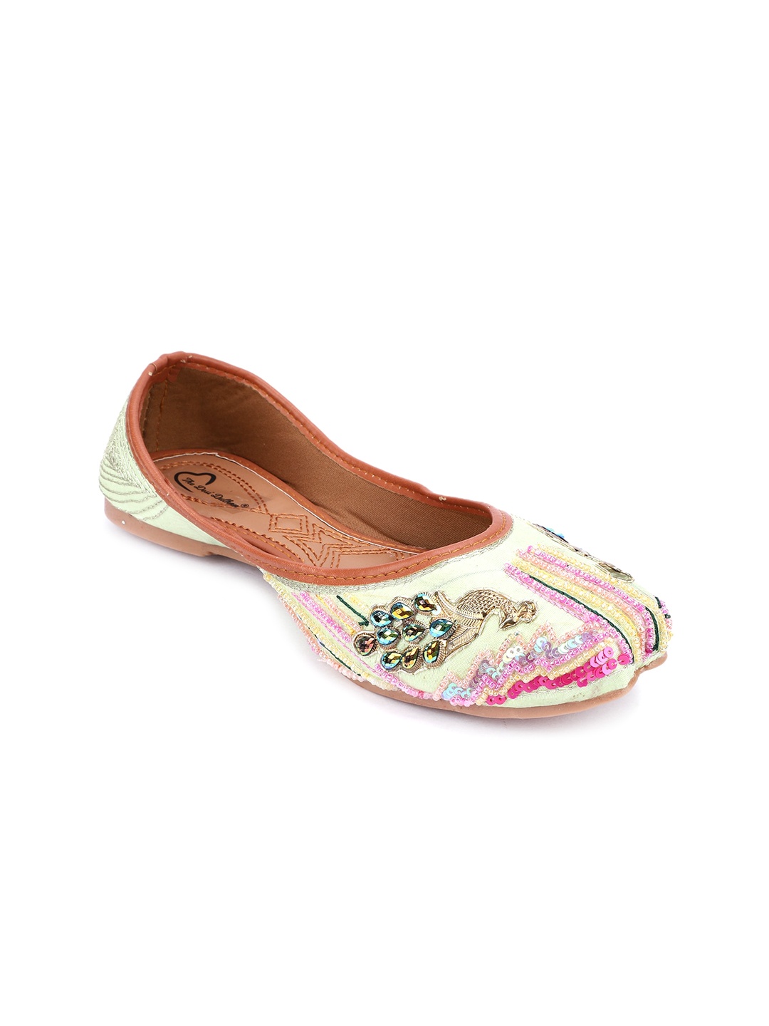 

The Desi Dulhan Women Green & Pink Embellished Ethnic Mojaris Flats