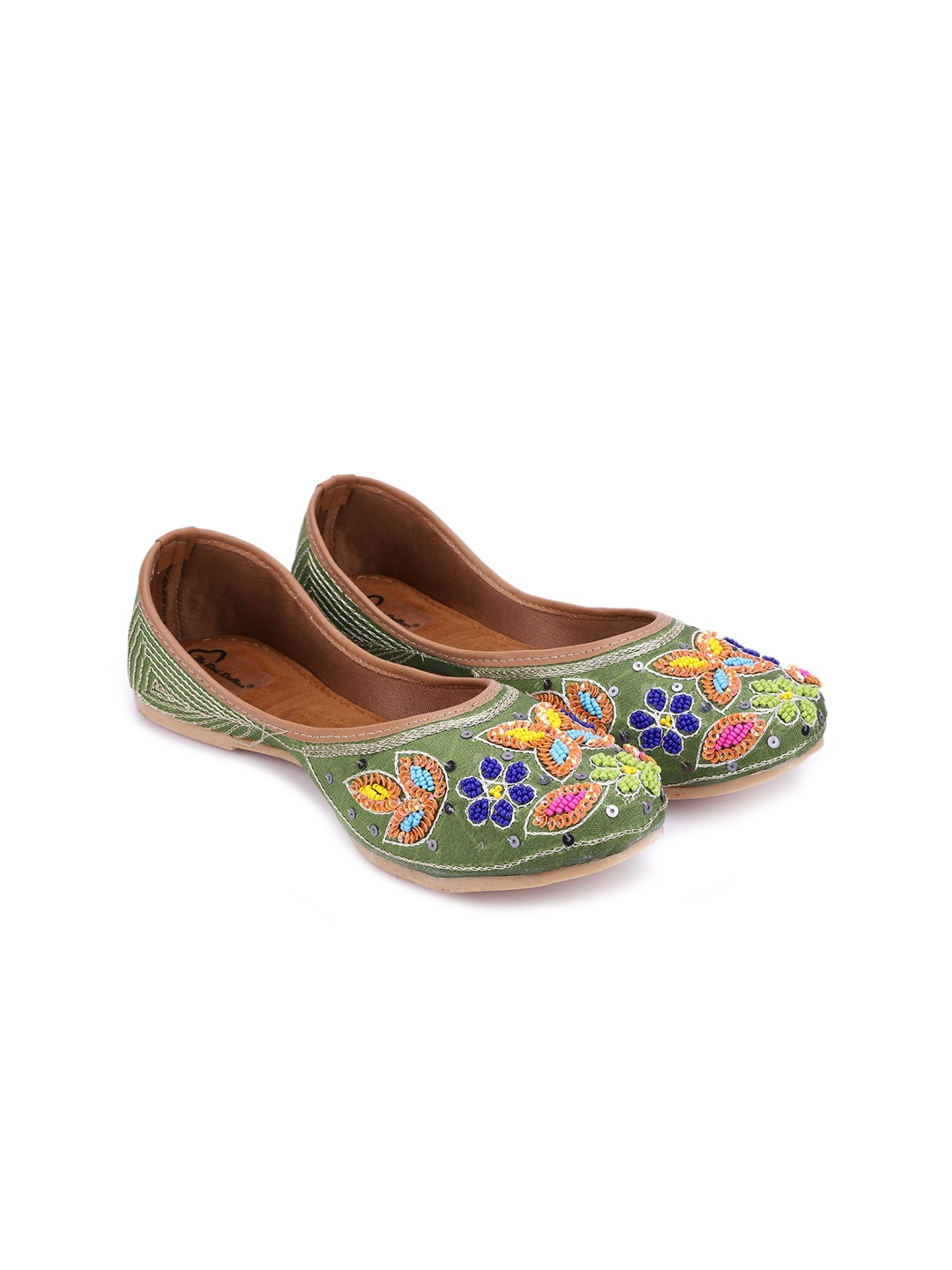 

The Desi Dulhan Women Green & Blue Embellished Ethnic Mojaris Flats