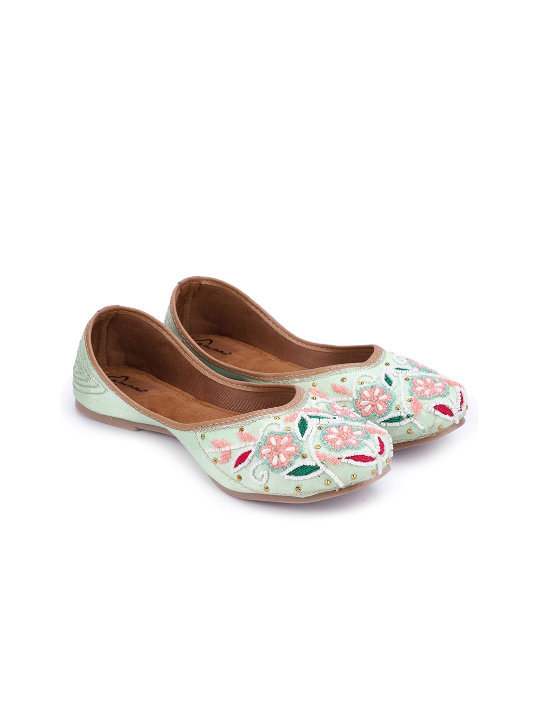 

The Desi Dulhan Women Green Embellished Mojaris Flats