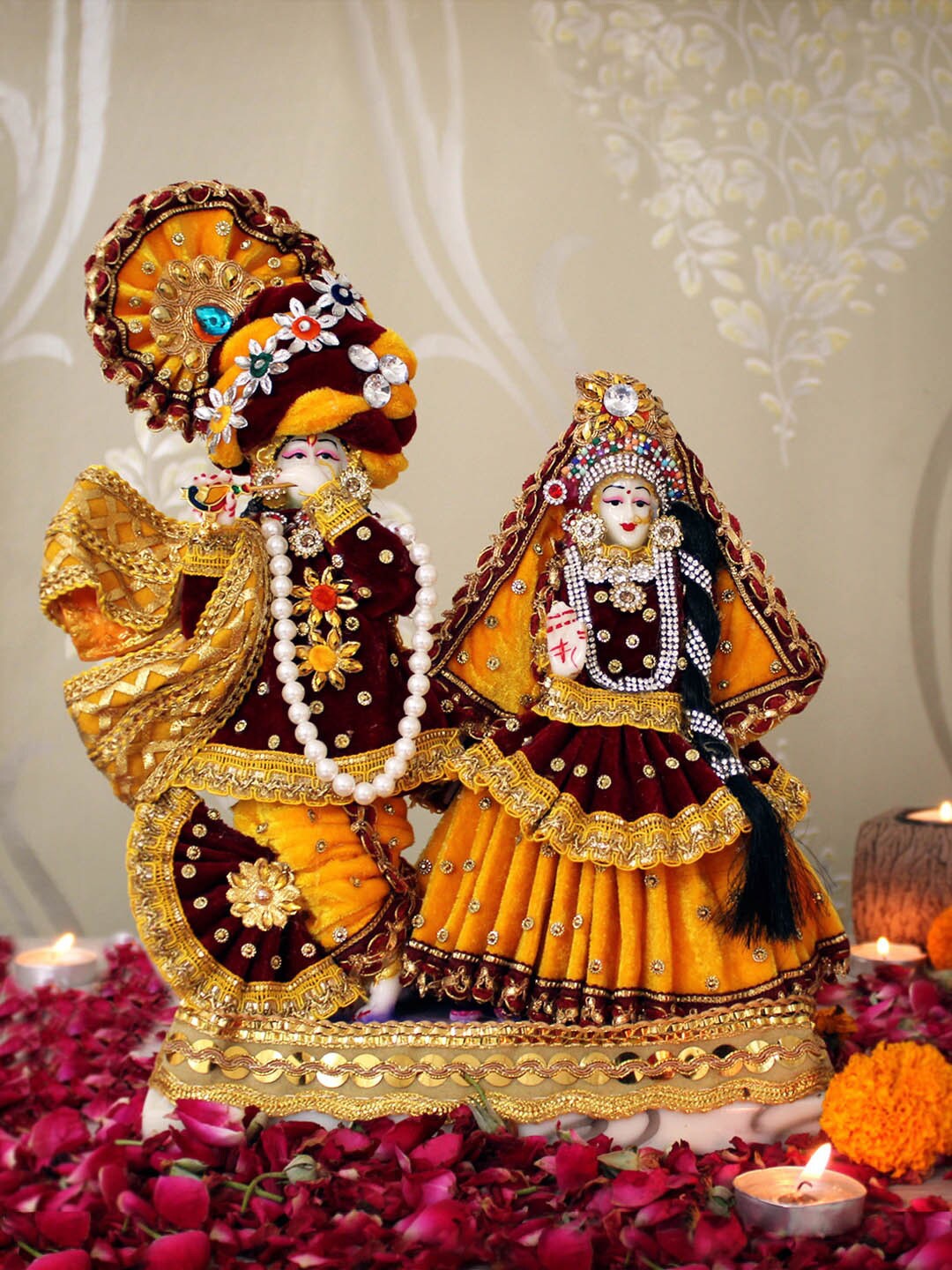 

TIED RIBBONS Maroon & Mustard Yellow Polyresin Radha Krishna Idol Statue Showpiece