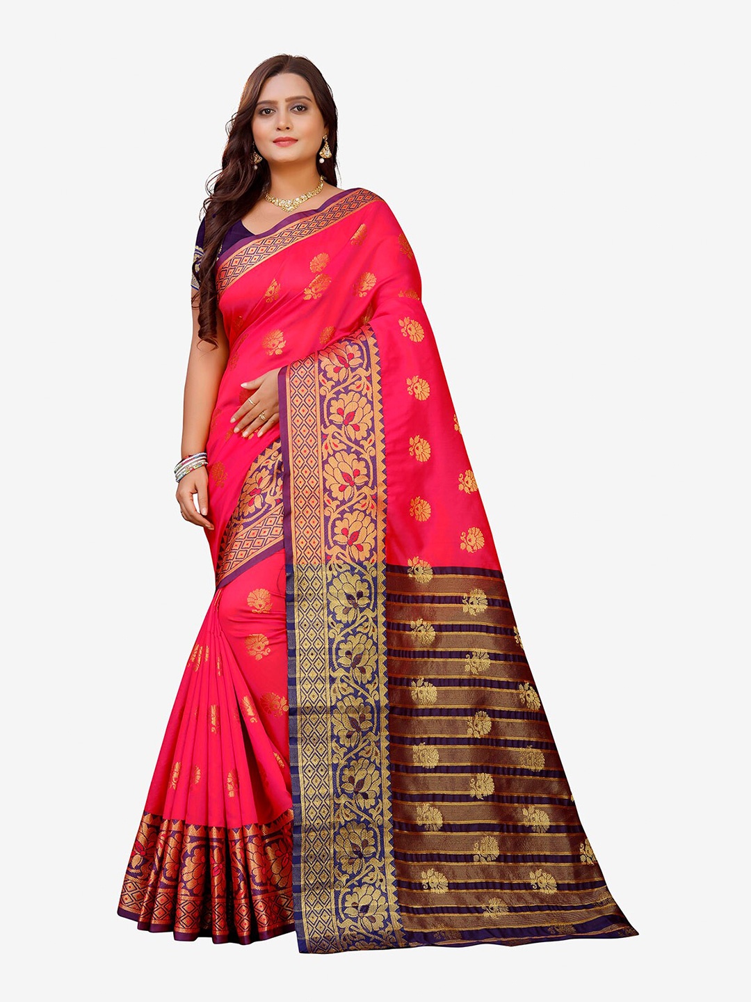 

Indian Fashionista Coral & Blue Woven Design Zari Art Silk Banarasi Saree