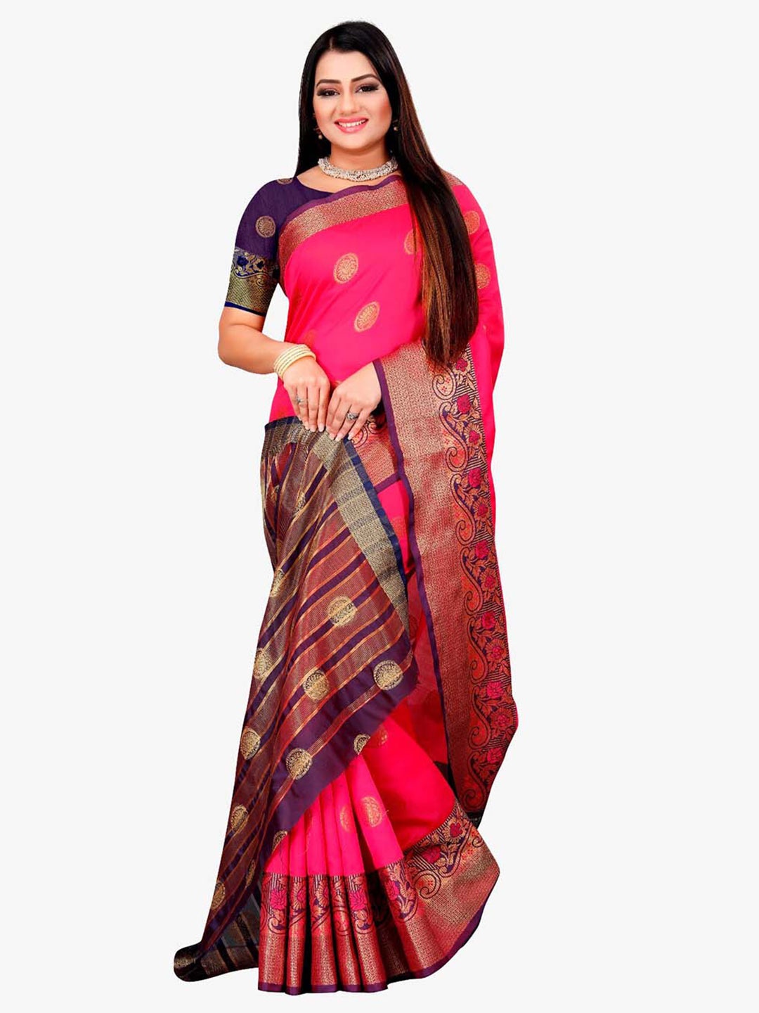 

Indian Fashionista Coral & Purple Woven Design Zari Art Silk Banarasi Saree