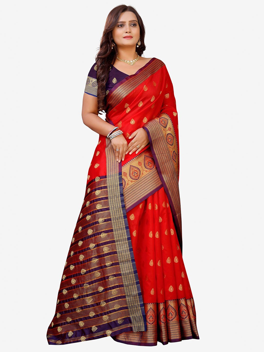 

Indian Fashionista Red & Blue Woven Design Zari Art Silk Banarasi Saree