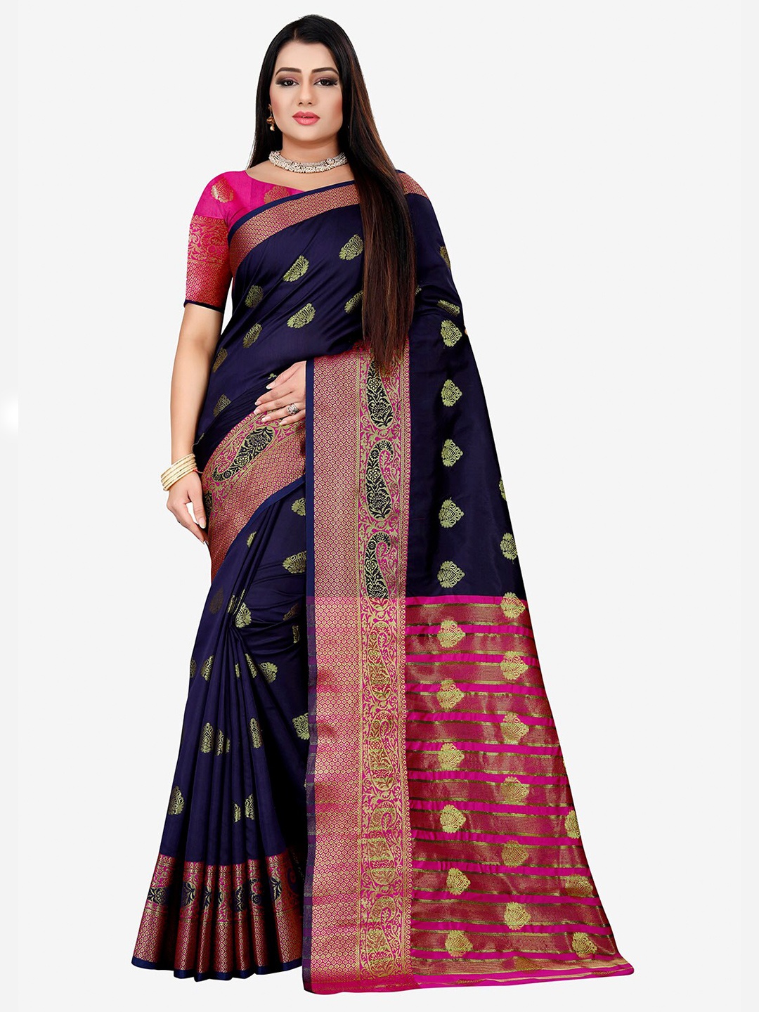 

Indian Fashionista Navy Blue & Pink Woven Design Zari Art Silk Banarasi Saree