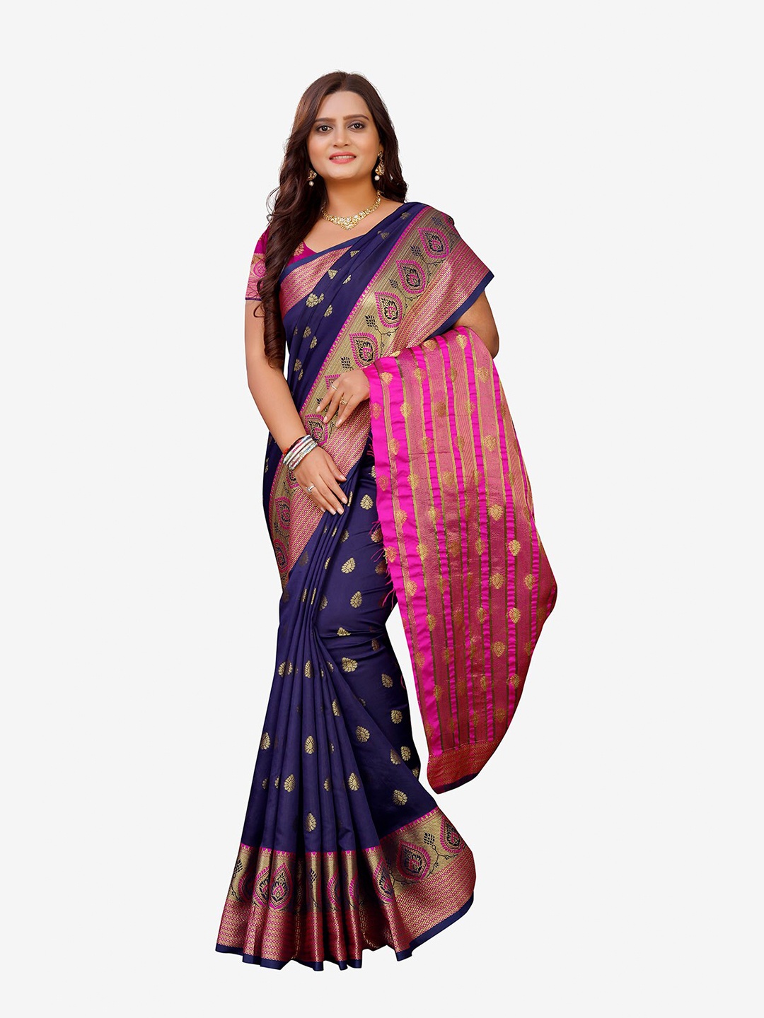 

Indian Fashionista Navy Blue & Pink Woven Design Zari Art Silk Banarasi Saree