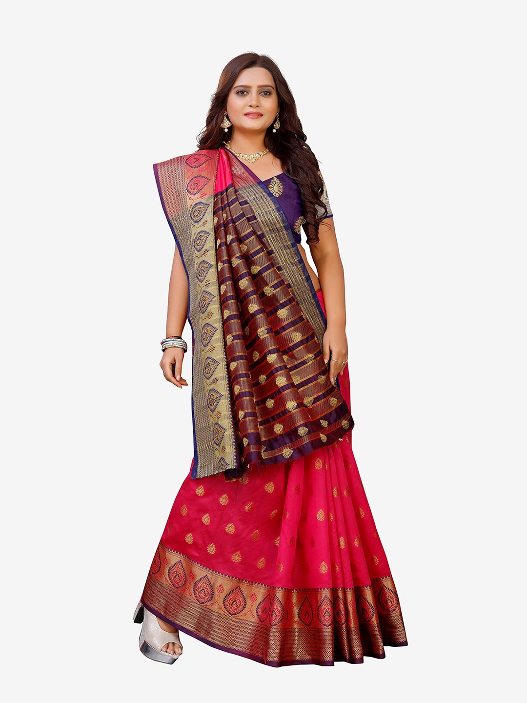

Indian Fashionista Coral & Blue Woven Design Zari Art Silk Banarasi Saree