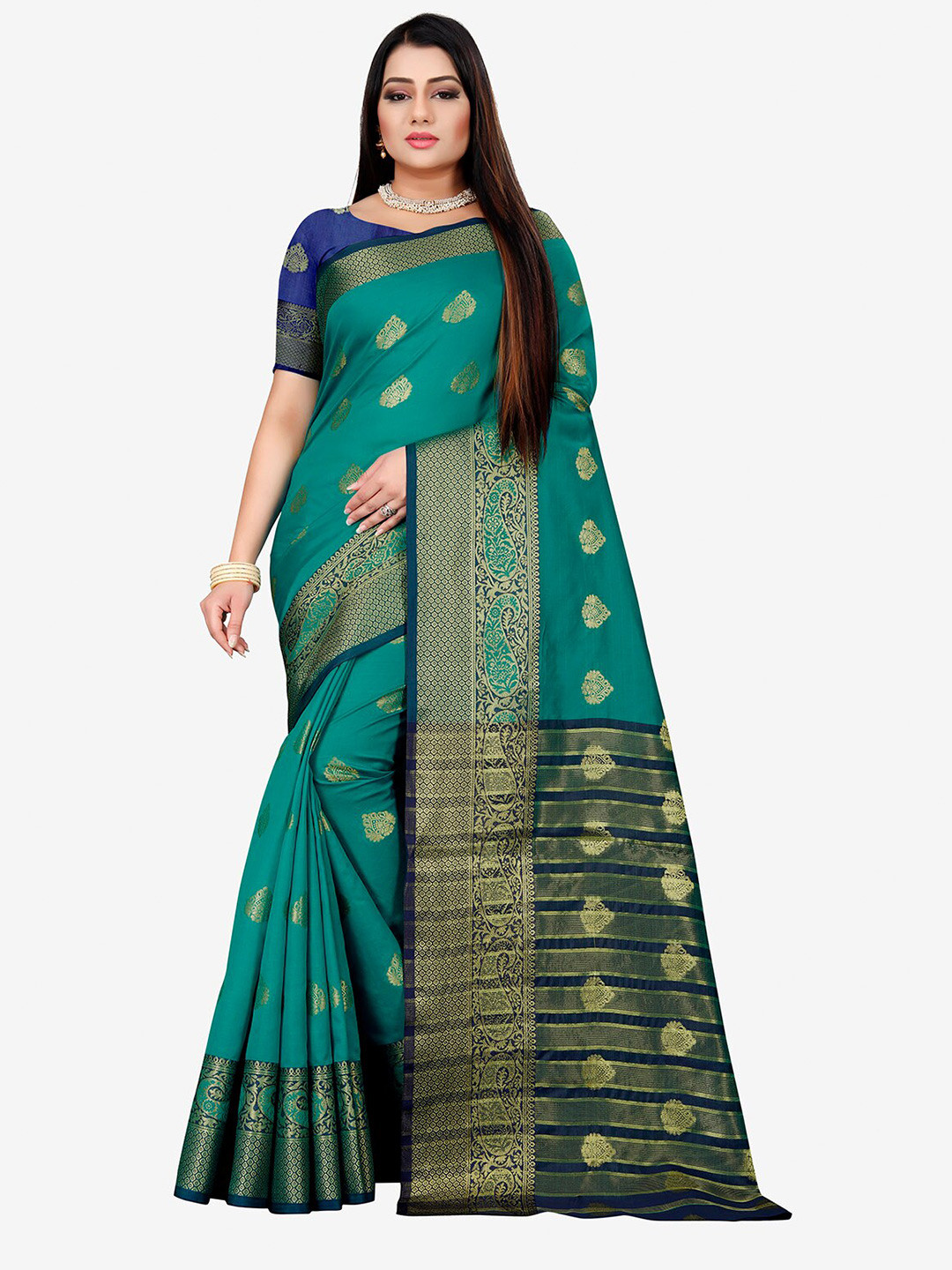 

Indian Fashionista Green & Blue Woven Design Zari Art Silk Banarasi Saree