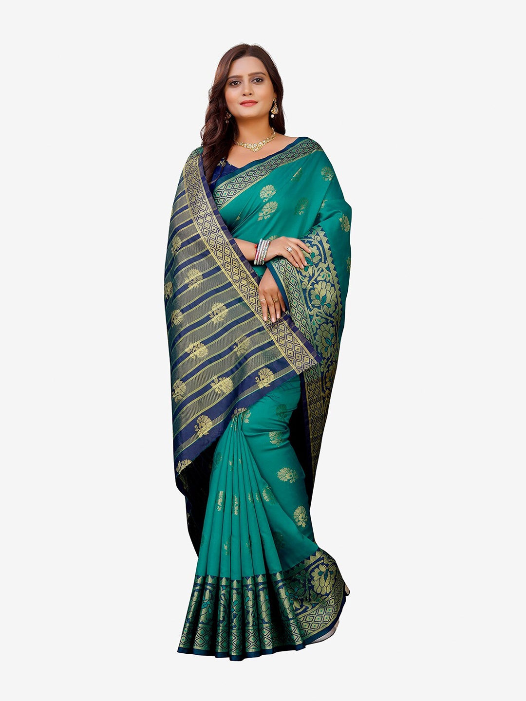 

Indian Fashionista Green & Blue Woven Design Zari Art Silk Banarasi Saree