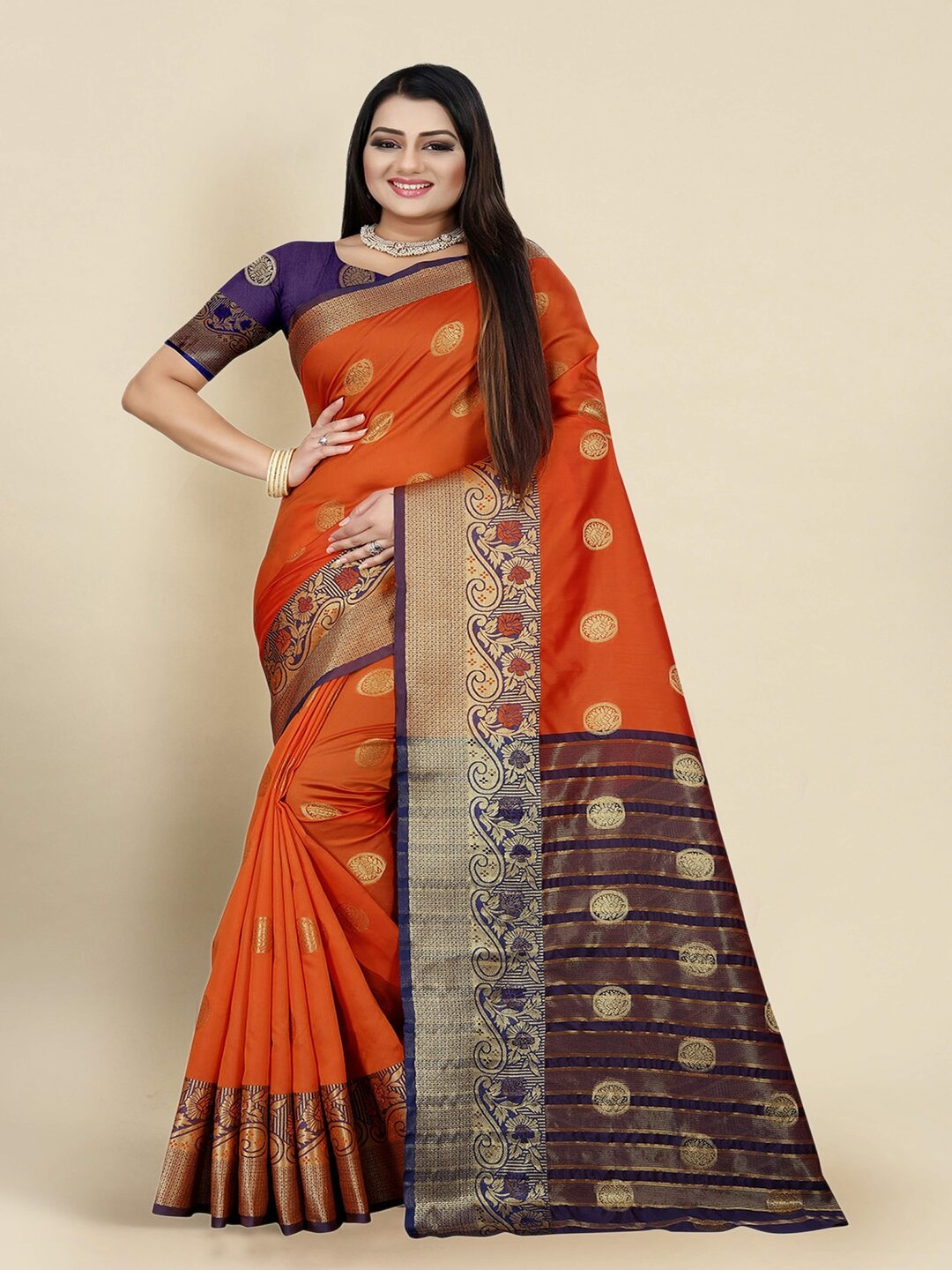

Indian Fashionista Orange & Violet Ethnic Motifs Zari Art Silk Banarasi Saree