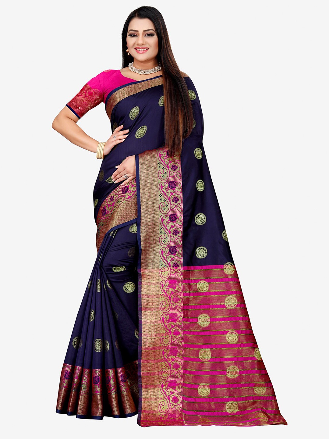 

Indian Fashionista Navy Blue & Pink Woven Design Zari Art Silk Banarasi Saree