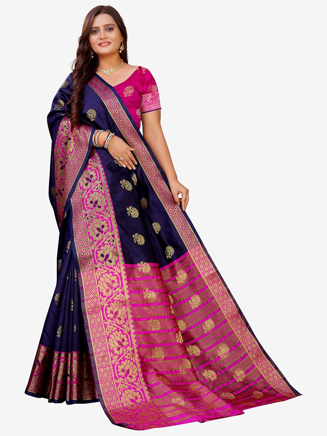 

Indian Fashionista Navy Blue & Pink Woven Design Zari Art Silk Banarasi Saree
