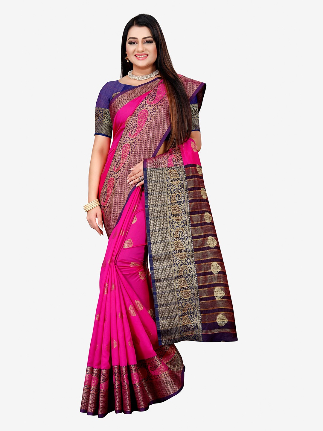 

Indian Fashionista Pink & Blue Woven Design Zari Art Silk Banarasi Saree