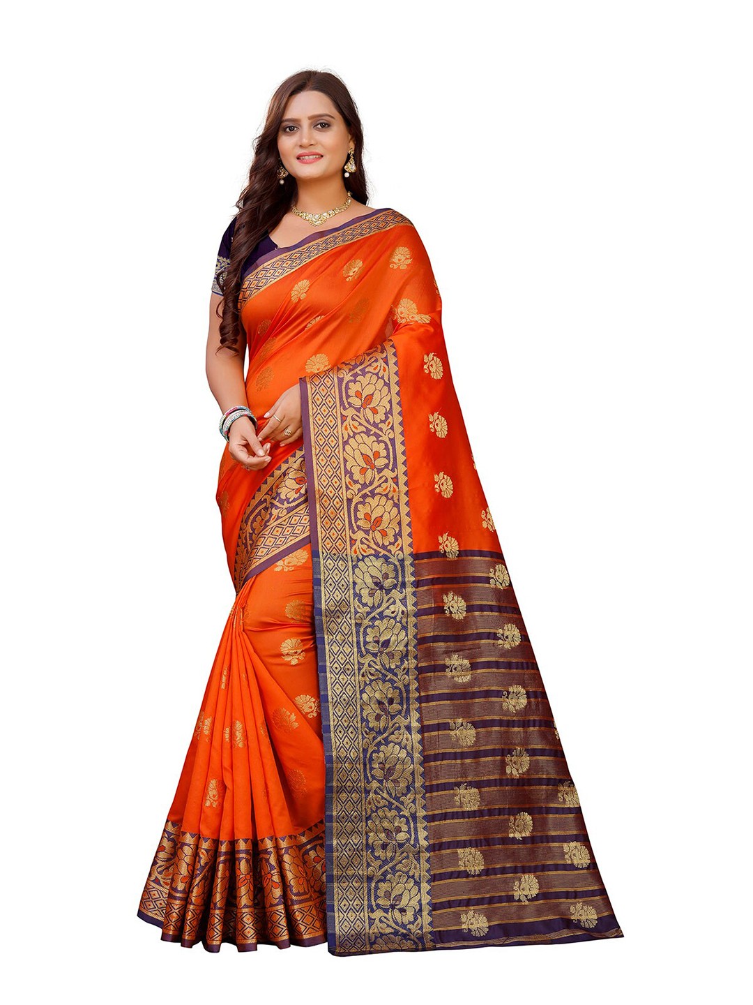 

Indian Fashionista Orange & Gold-Toned Woven Design Zari Art Silk Banarasi Saree