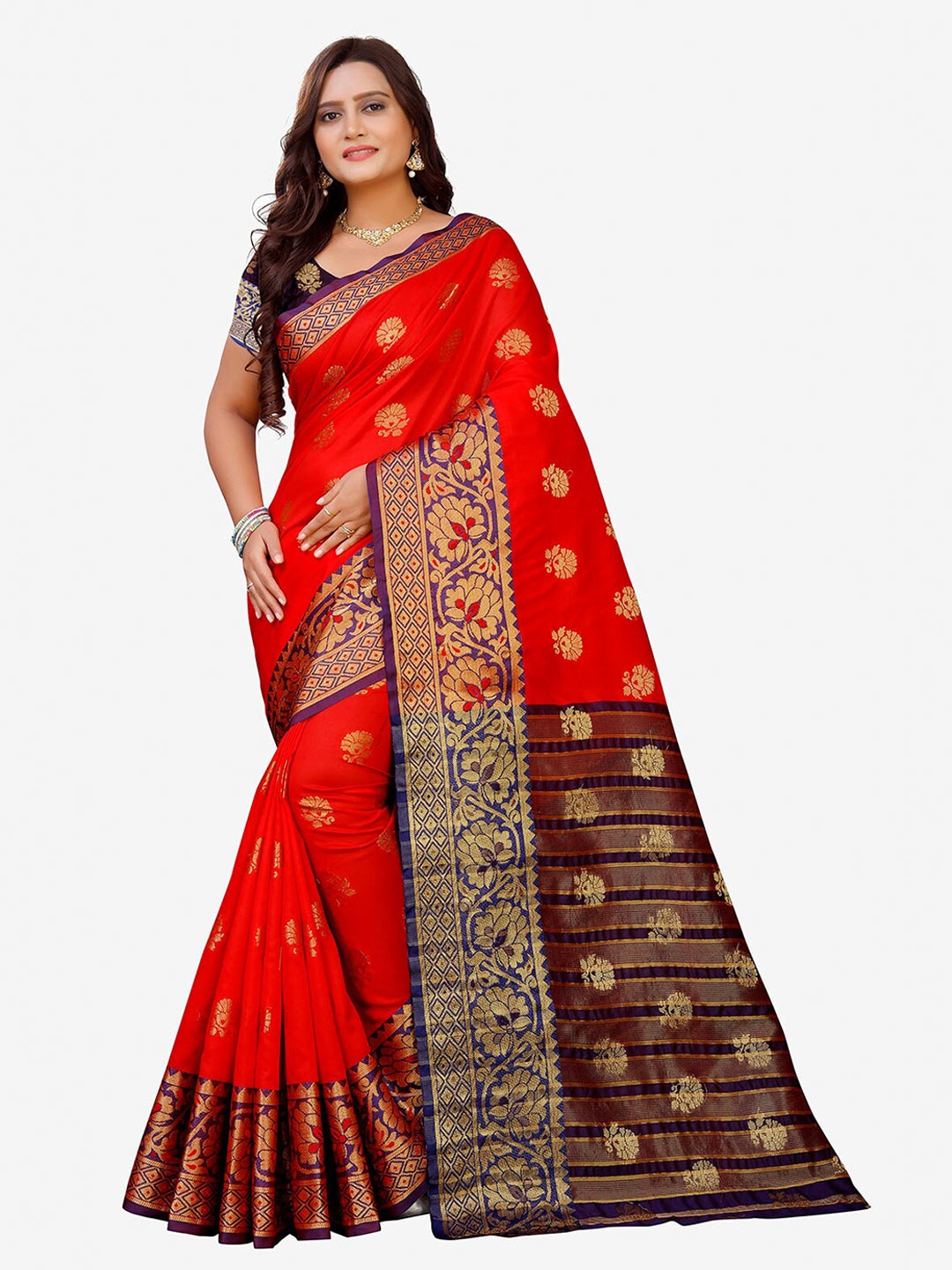 

Indian Fashionista Red & Gold-Toned Woven Design Zari Art Silk Banarasi Saree