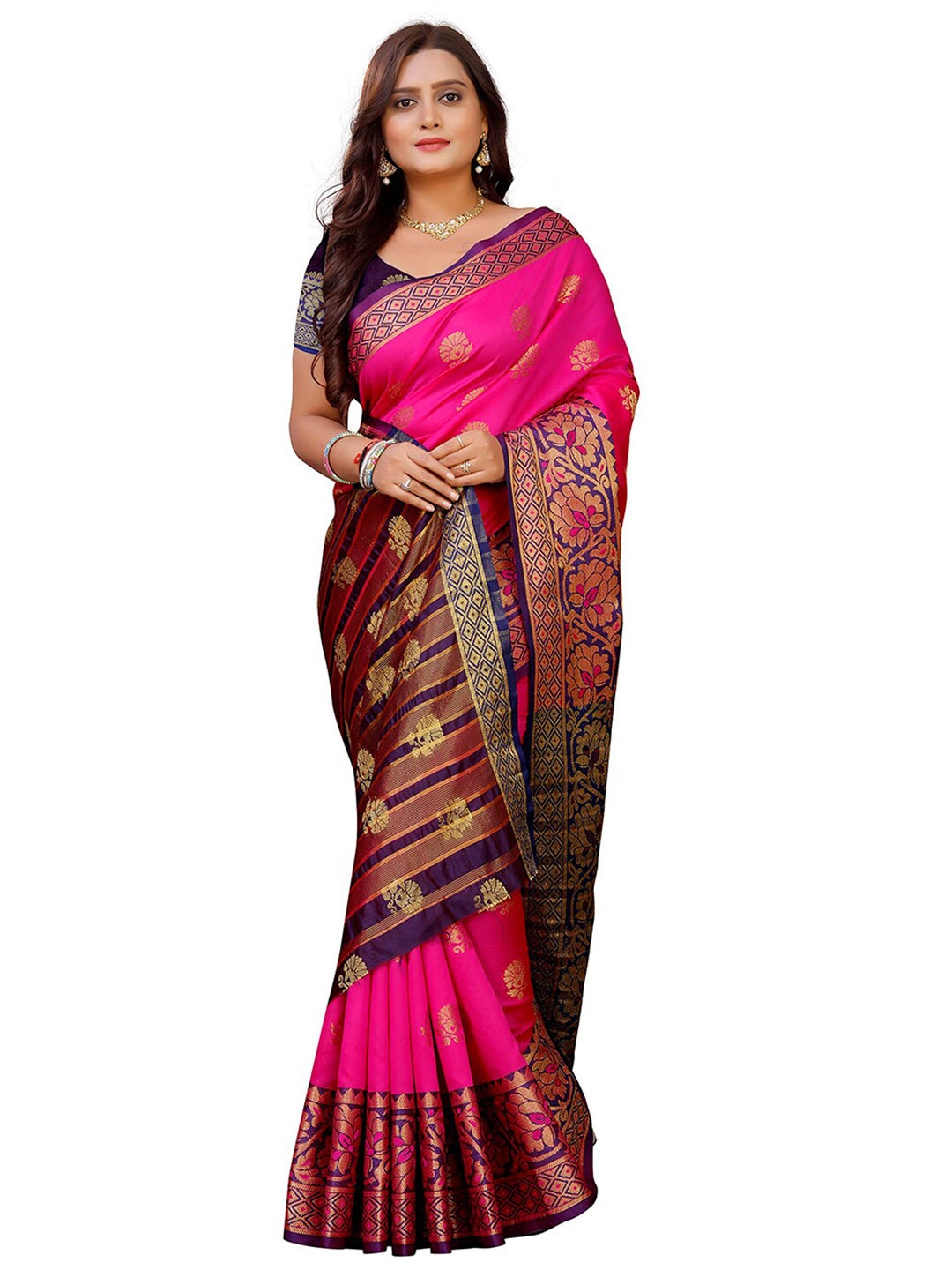 

Indian Fashionista Pink & Blue Woven Design Zari Art Silk Banarasi Saree