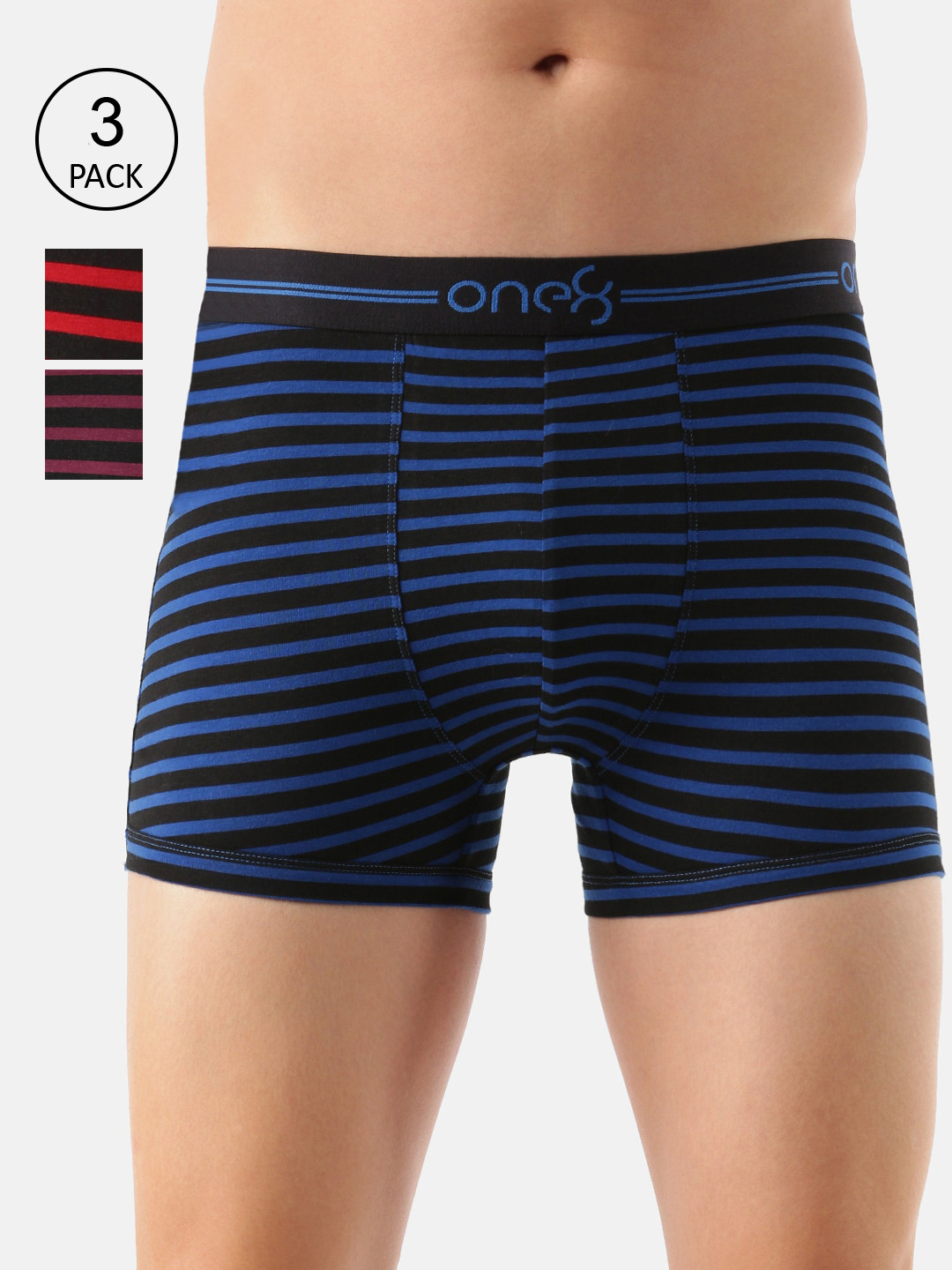 

one8 by Virat Kohli Men Pack Of 3 Striped Cotton Trunk 730-PO3-Rblue/Red/Wine-Royal Blue