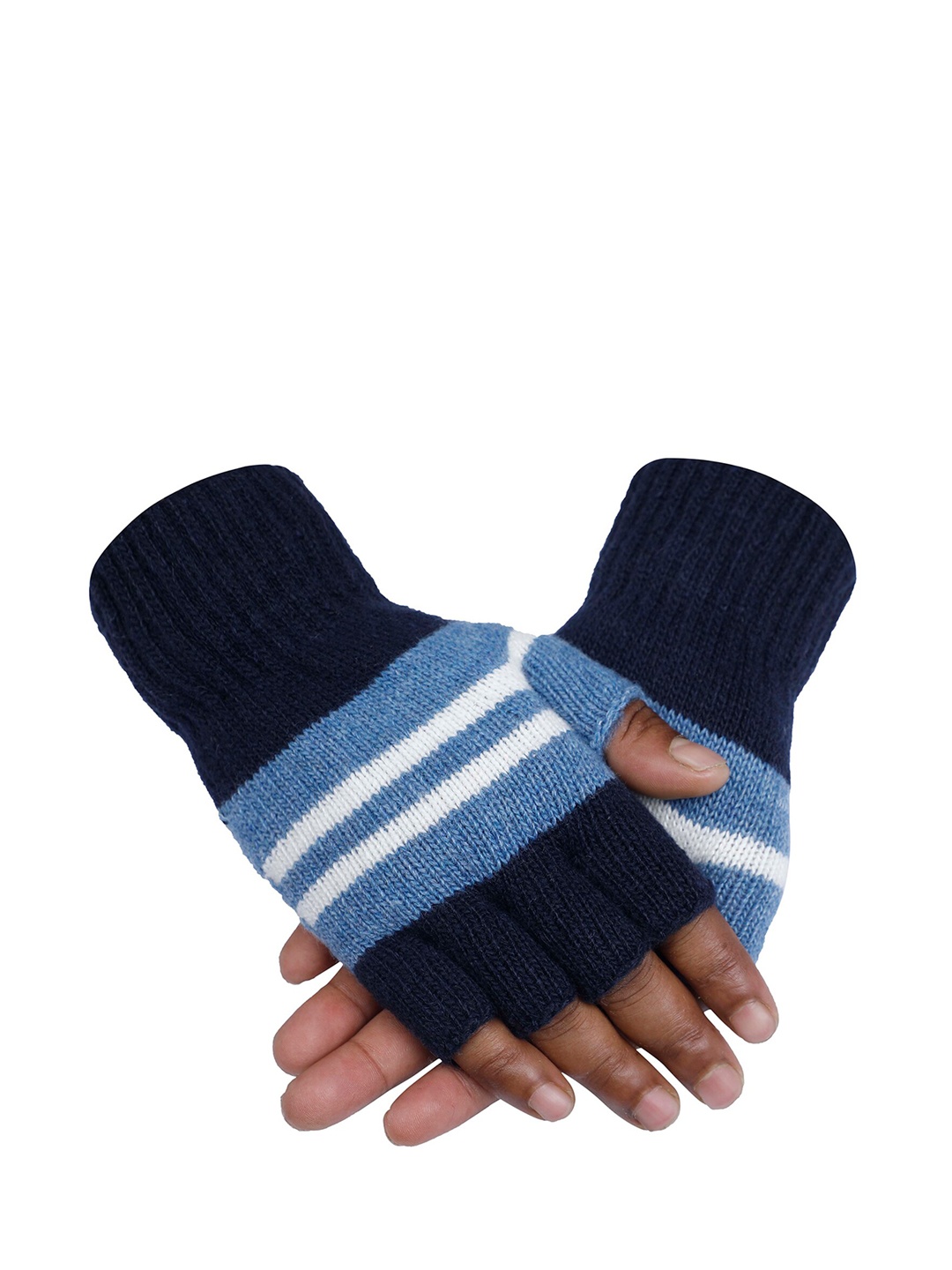 

LOOM LEGACY Men Navy Blue Striped Acrylic Hand Gloves
