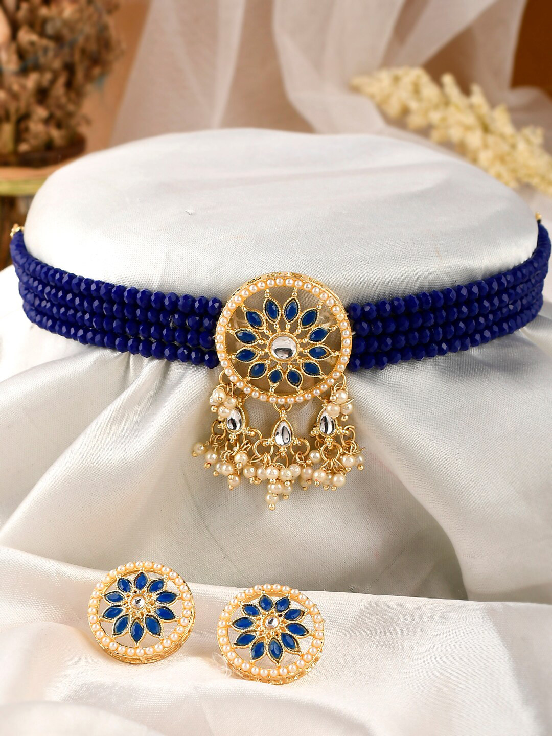 

AQUASTREET JEWELS Gold-Plated & Blue Stone Studded & Beaded Jewellery Set