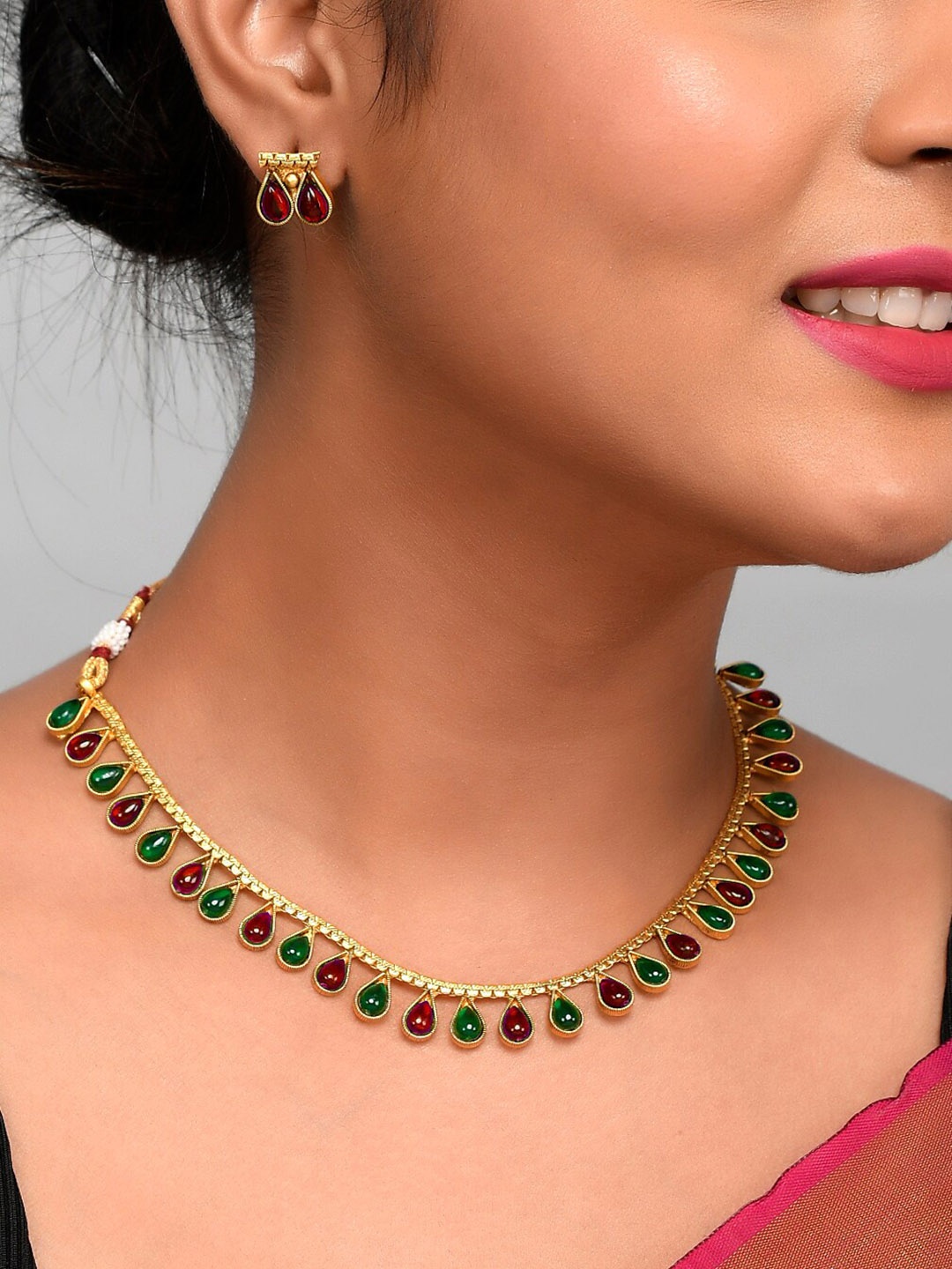 

AQUASTREET JEWELS Gold-Plated Pink & Green Stone-Studded Jewellery Set