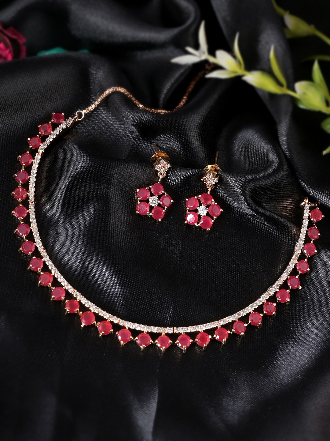 

AQUASTREET JEWELS Gold-Plated Red CZ Stone-Studded Jewellery Set