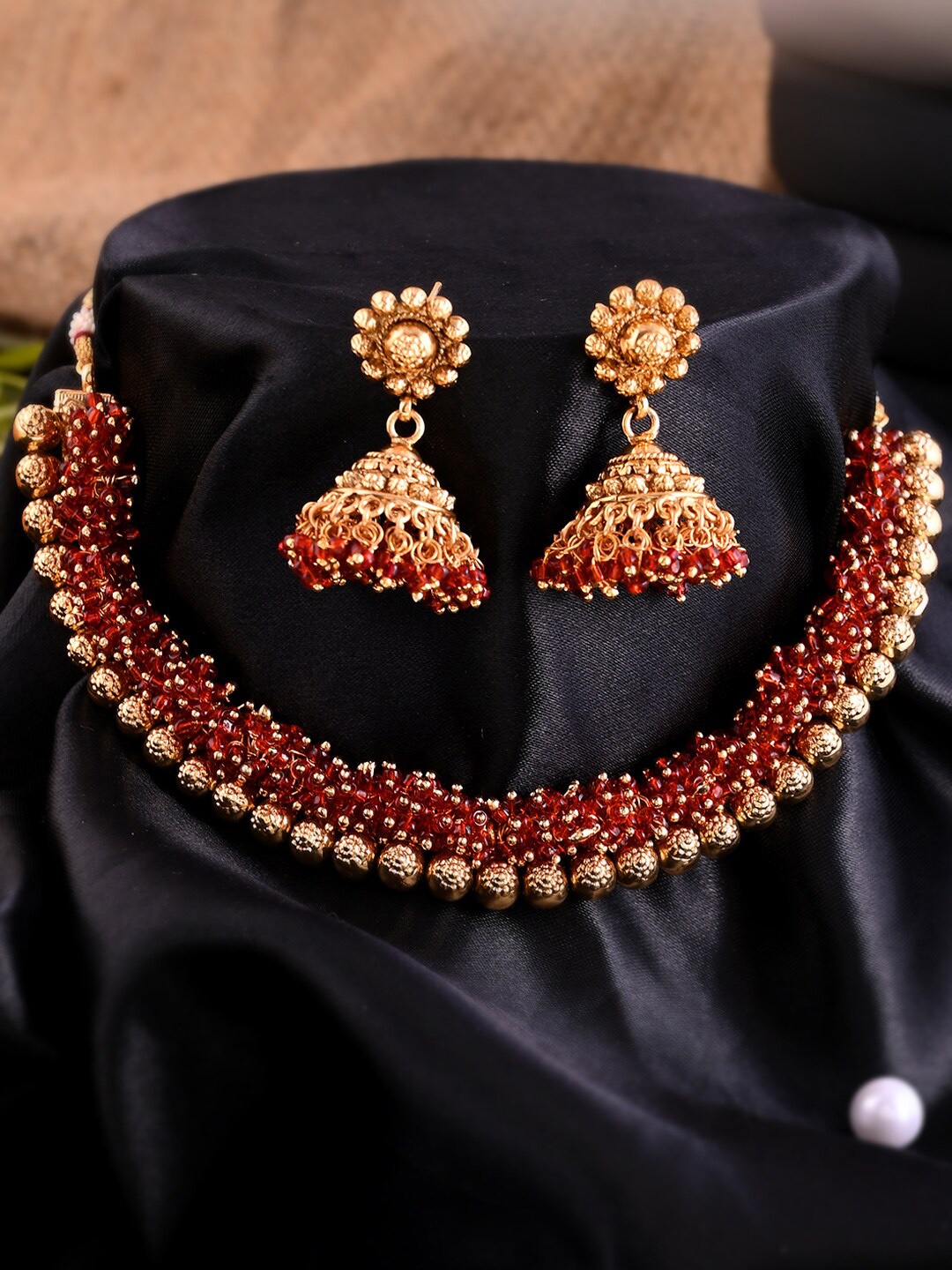 

AQUASTREET JEWELS Gold-Plated Red Stone-Studded & Beaded Jewellery Set