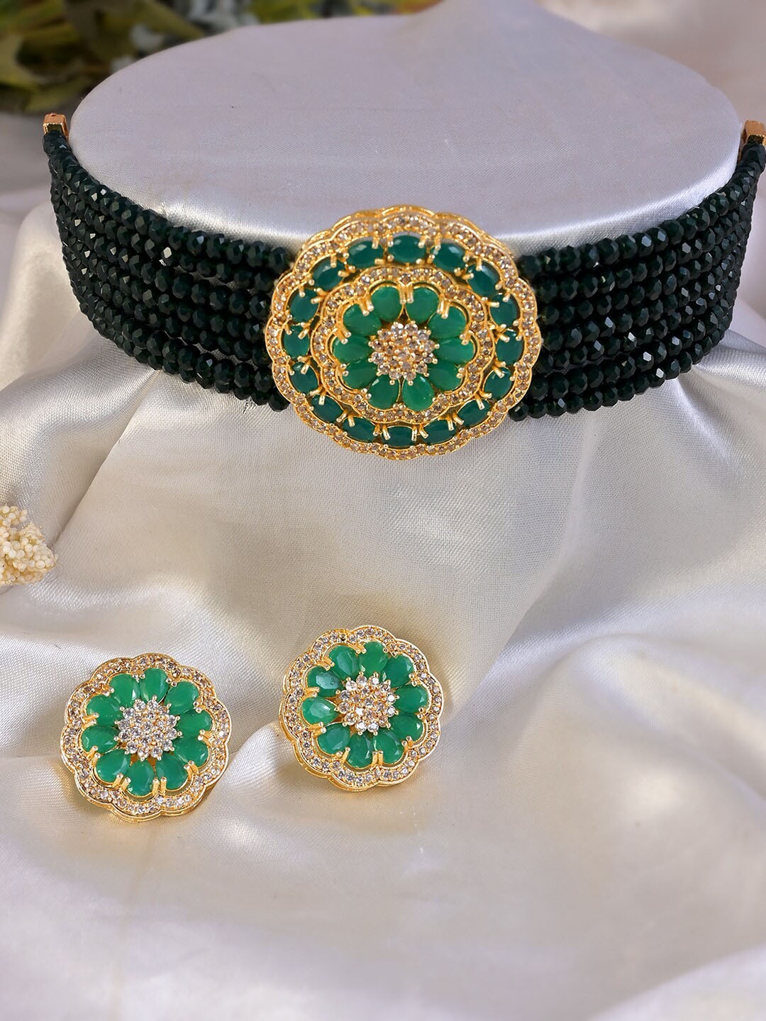 

AQUASTREET JEWELS Gold-Plated Green AD Stone Studded & Beaded Choker Necklace Set
