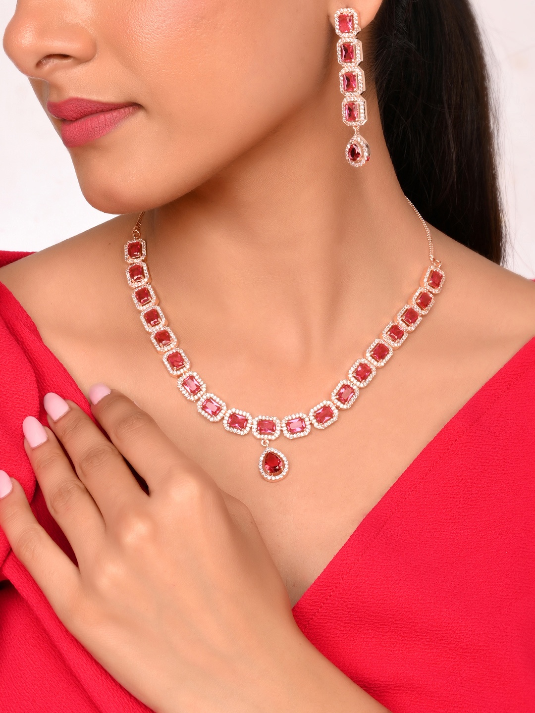 

AQUASTREET JEWELS Rose Gold-Plated Red & White CZ Stone Studded Jewellery Set