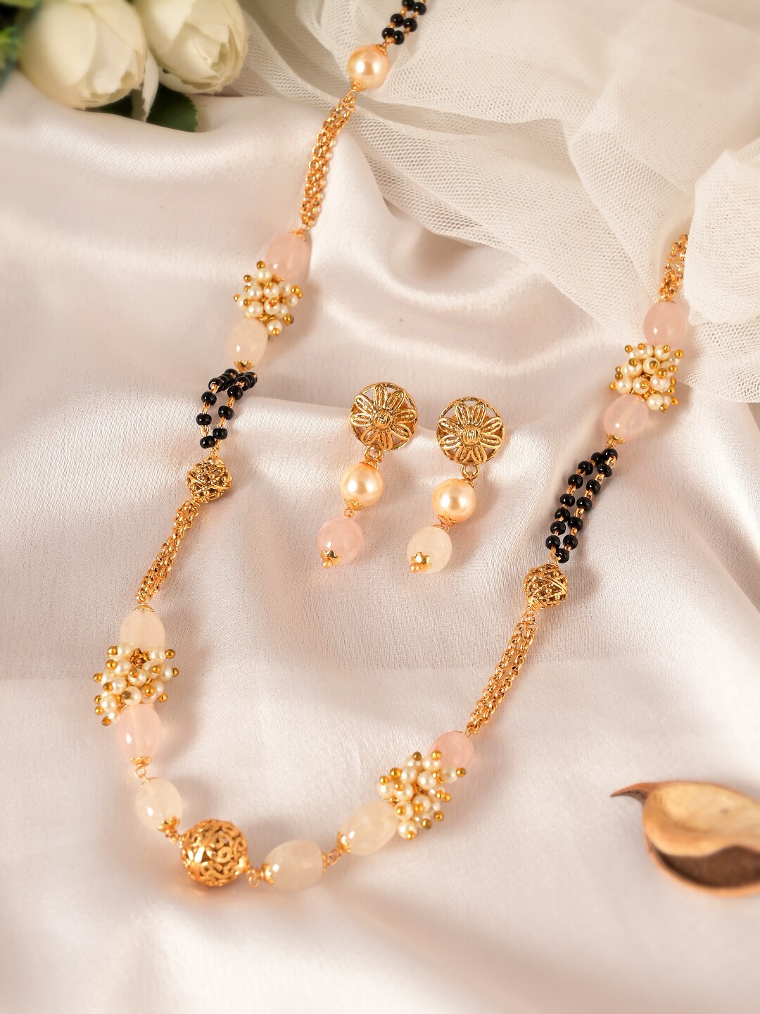 

AQUASTREET JEWELS Gold-Plated Pink Beaded Mangalsutra With Earrings