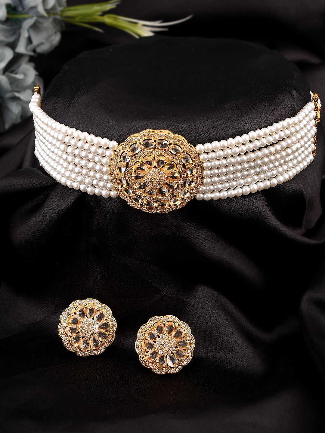 

AQUASTREET JEWELS Gold-Plated White AD-Studded & Beaded Jewellery Set