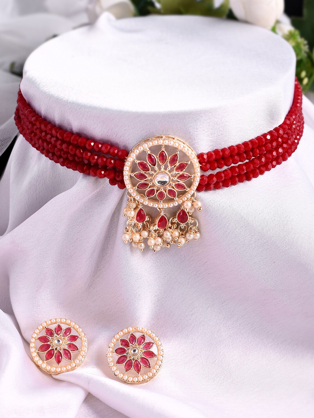 

AQUASTREET JEWELS Gold-Plated Red Stone Studded & Beaded Jewellery Set