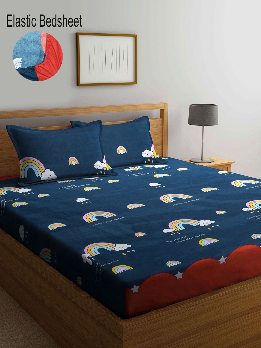 

KLOTTHE Conversational Print 300 TC Fitted King Bedsheet with 2 Pillow Covers, Navy blue