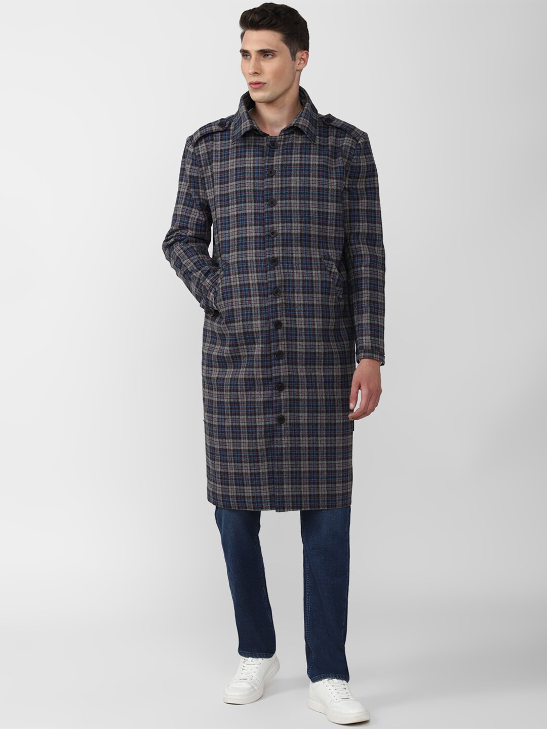 

FOREVER 21 Men Blue Checked Longline Coat