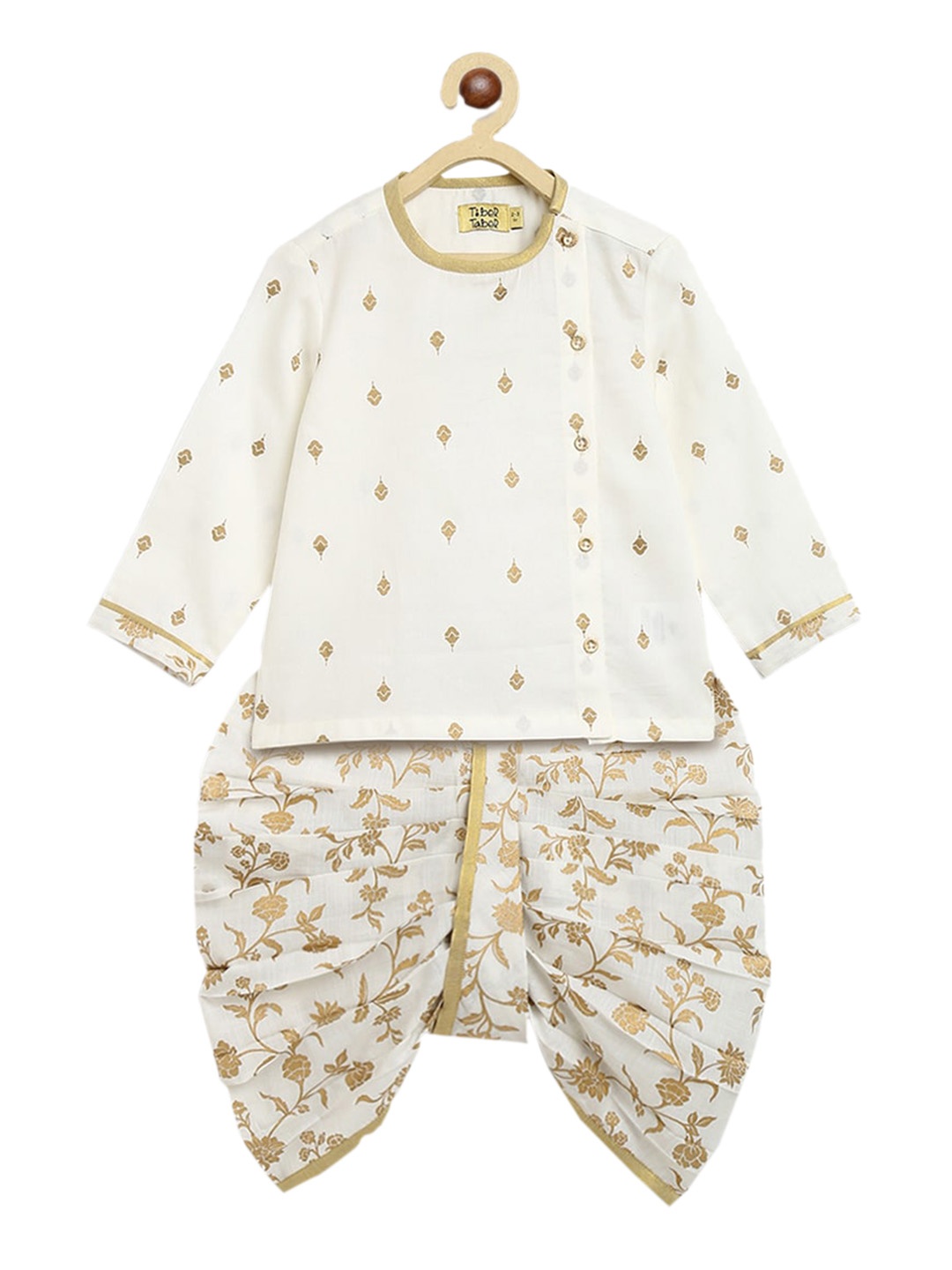 

Tiber Taber Boys Floral Printed Pure Cotton Kurta with Dhoti Pants, White