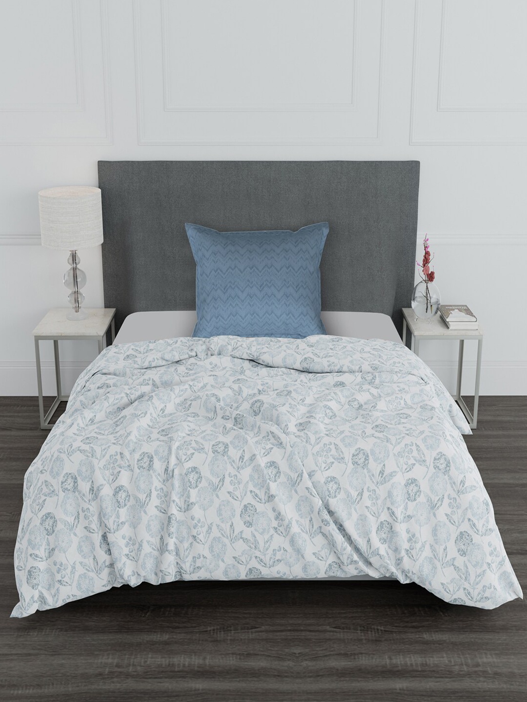 

Trident Blue & Grey Floral 100% Cotton 144 TC Single Bedsheet with 1 Pillow Covers