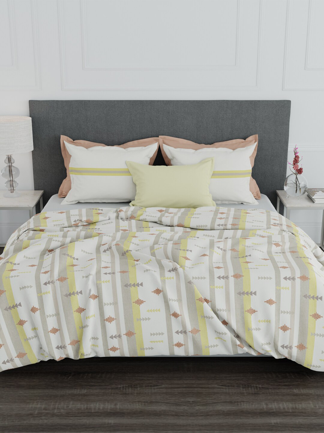 

MYTRIDENT Yellow White Striped 100% Cotton 144 TC Queen Bedsheet with 2 Pillow Covers