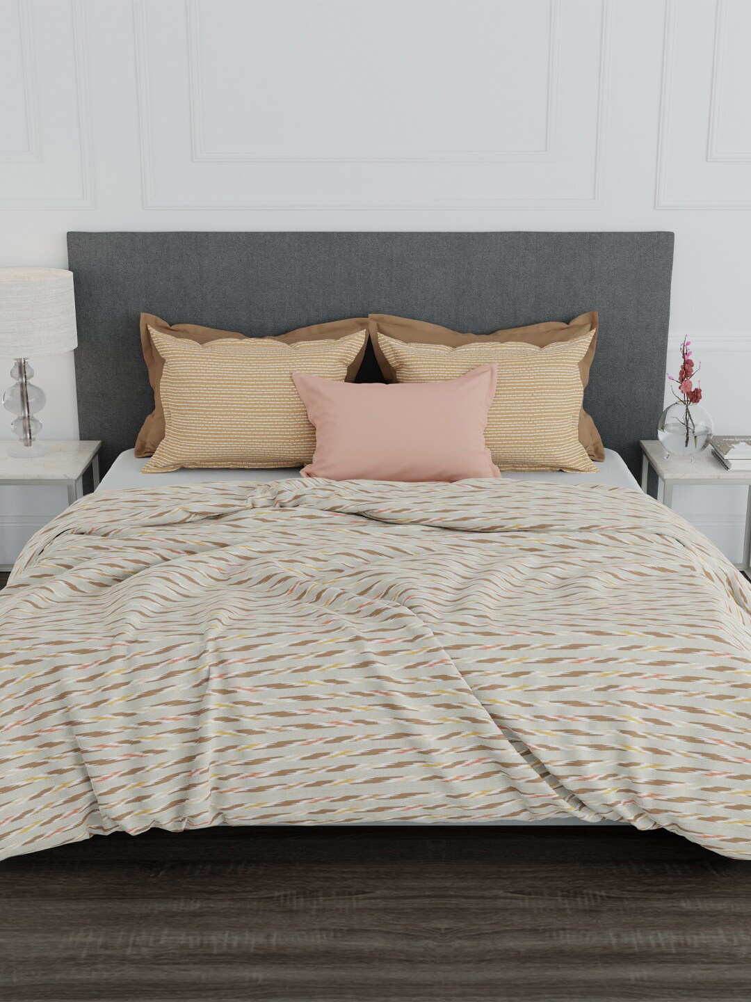 

Trident Beige Geometric 100% Cotton 144 TC King Bedsheet with 2 Pillow Covers