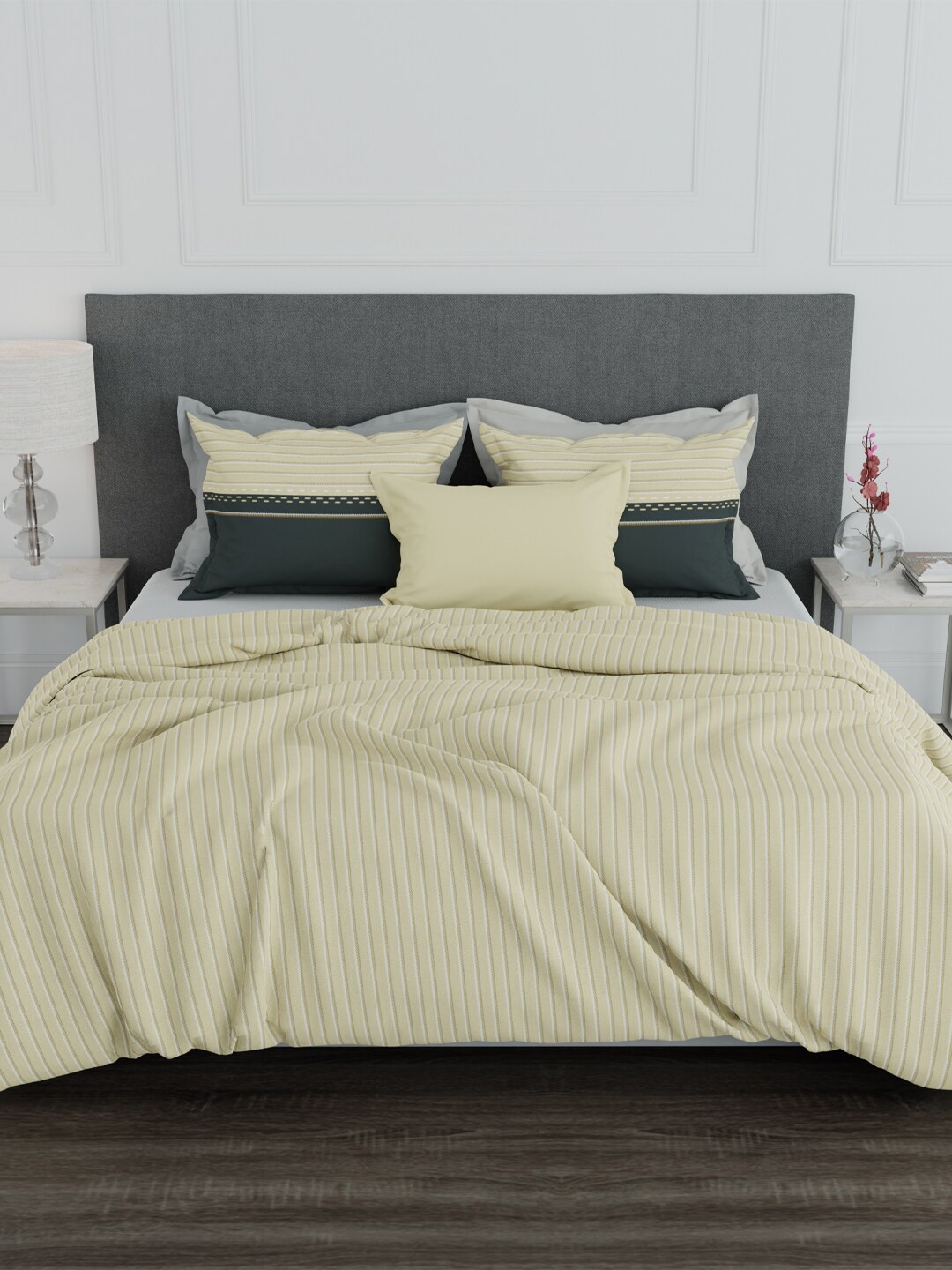 

MYTRIDENT Yellow Striped 100% Cotton 144 TC Queen Bedsheet with 2 Pillow Covers