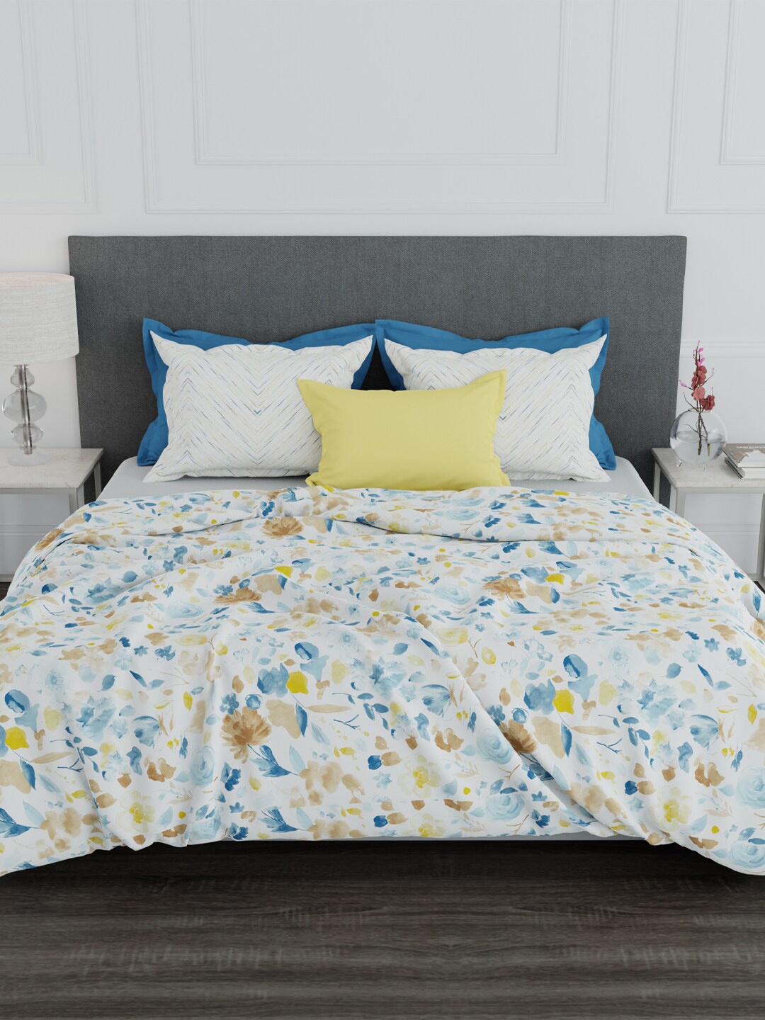 

MYTRIDENT Yellow Blue Floral 100% Cotton 144 TC Queen Bedsheet with 2 Pillow Covers