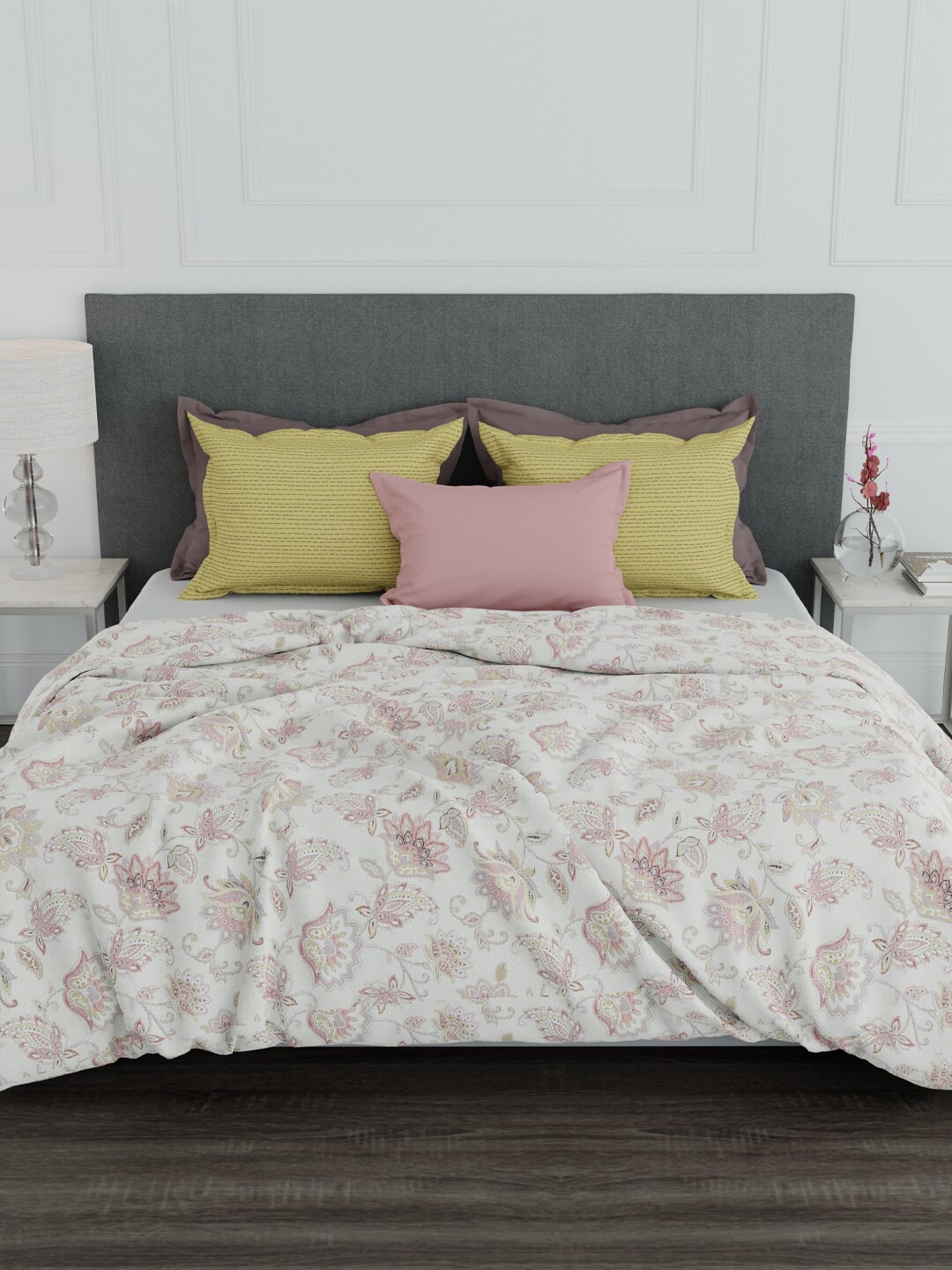 

MYTRIDENT Beige Pink Floral 100% Cotton 144 TC Queen Bedsheet with 2 Pillow Covers