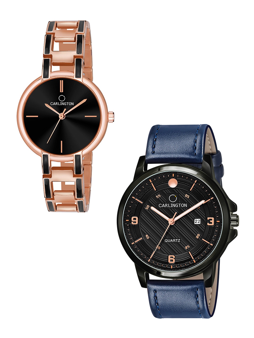 

CARLINGTON Unisex Black Dial & Rose Gold Toned Leather Straps Analogue Watch CT1050